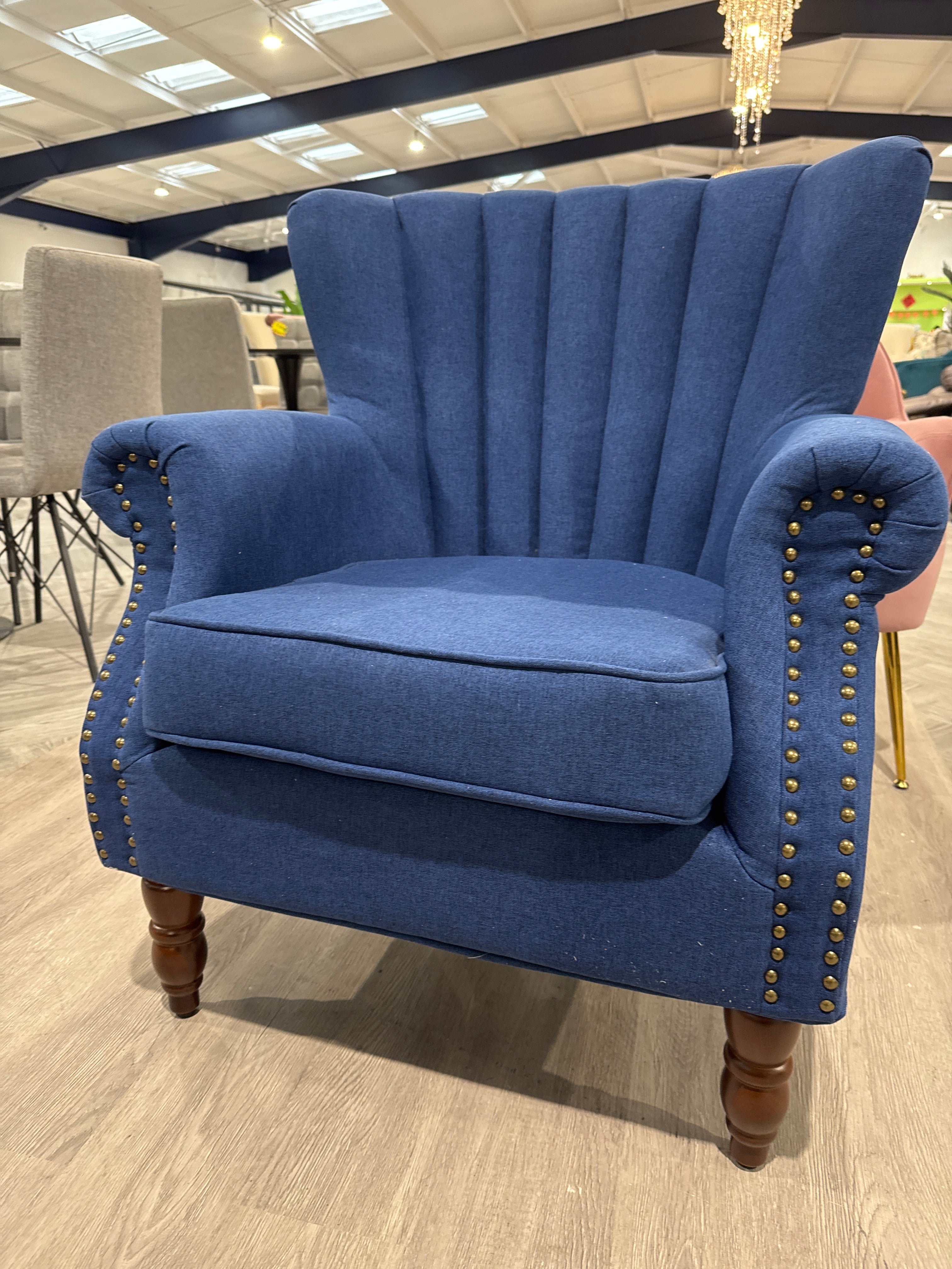 Dark Blue Vintage Linen Upholstered Wing Back Armchair