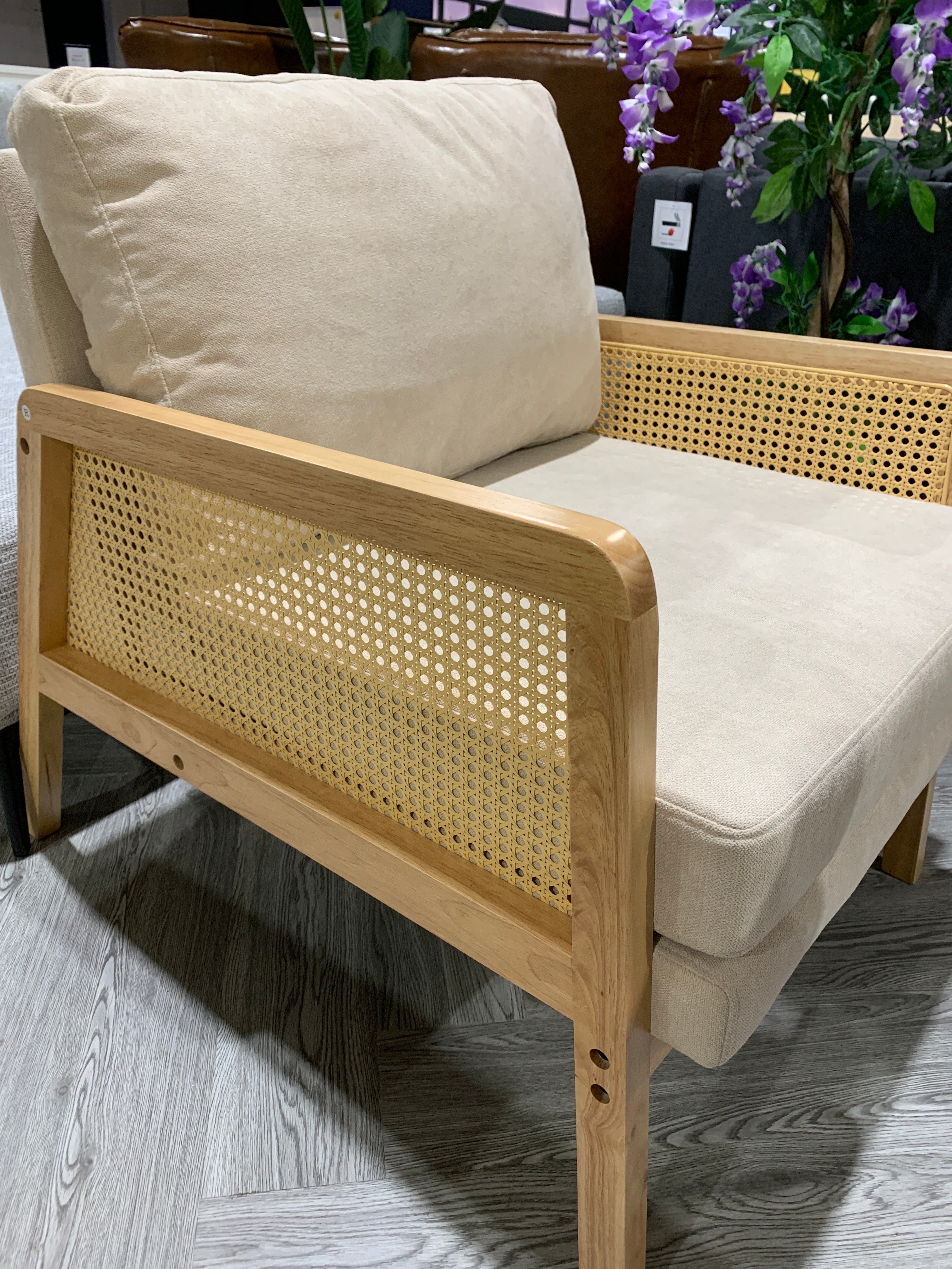 Beige Cushioned Wood Armchair