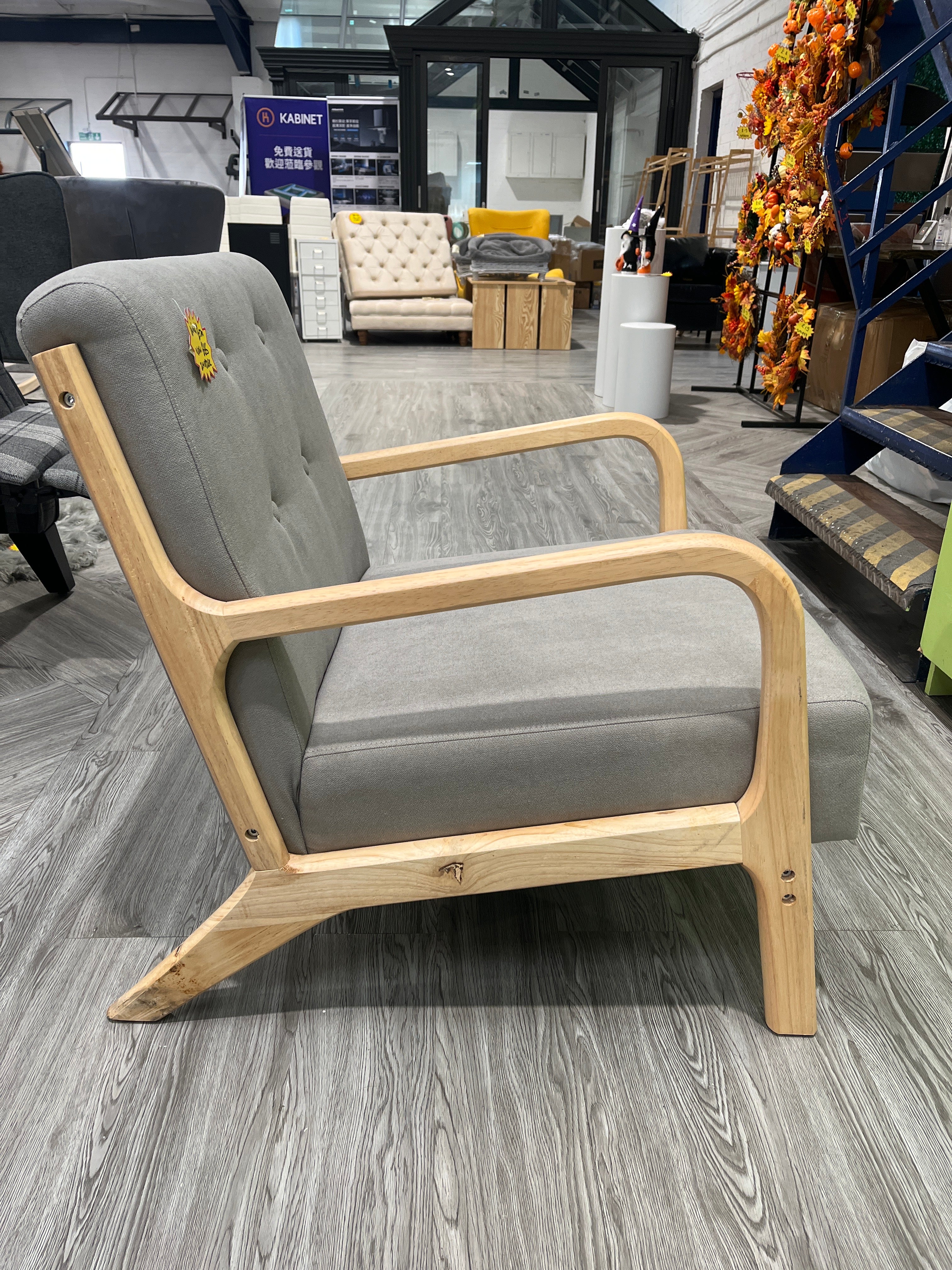 Grey Solid Wooden Frame Upholstered Tufted Armchair