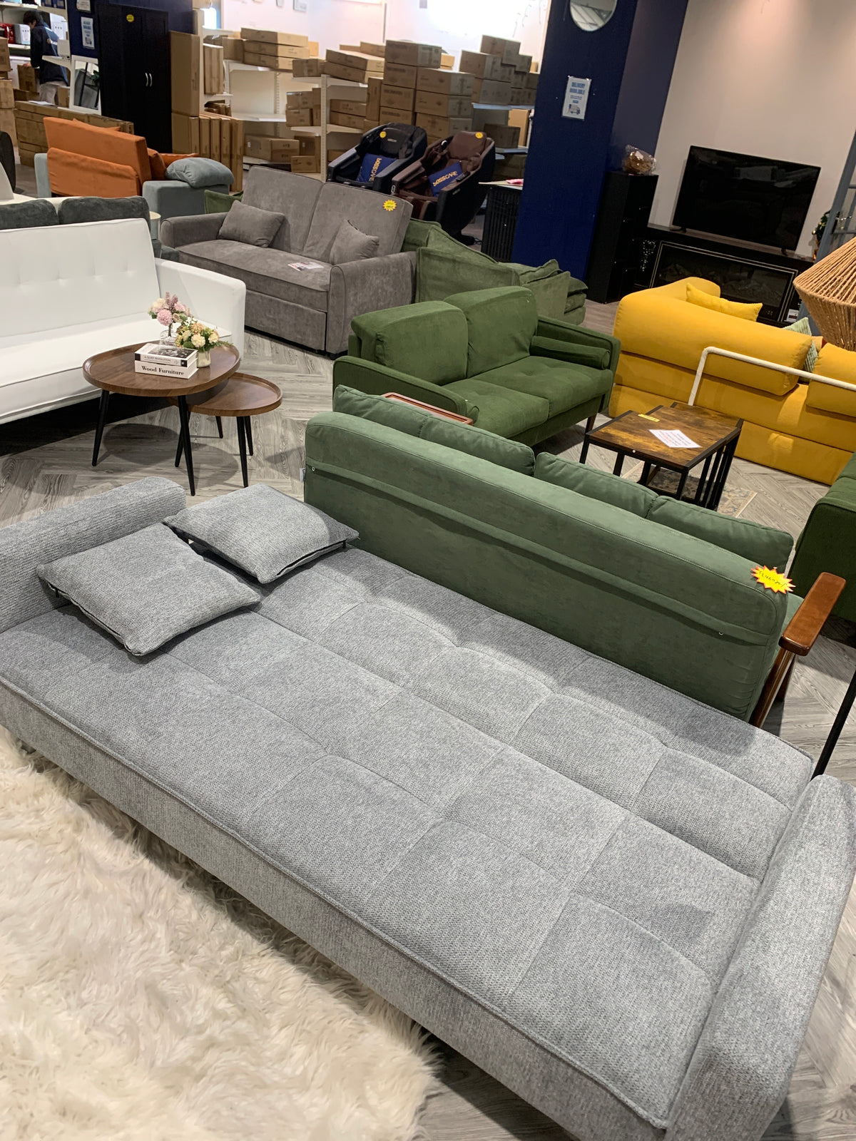 Convertible Linen Square Quilted Sofa Bed with Metal Legs Grey