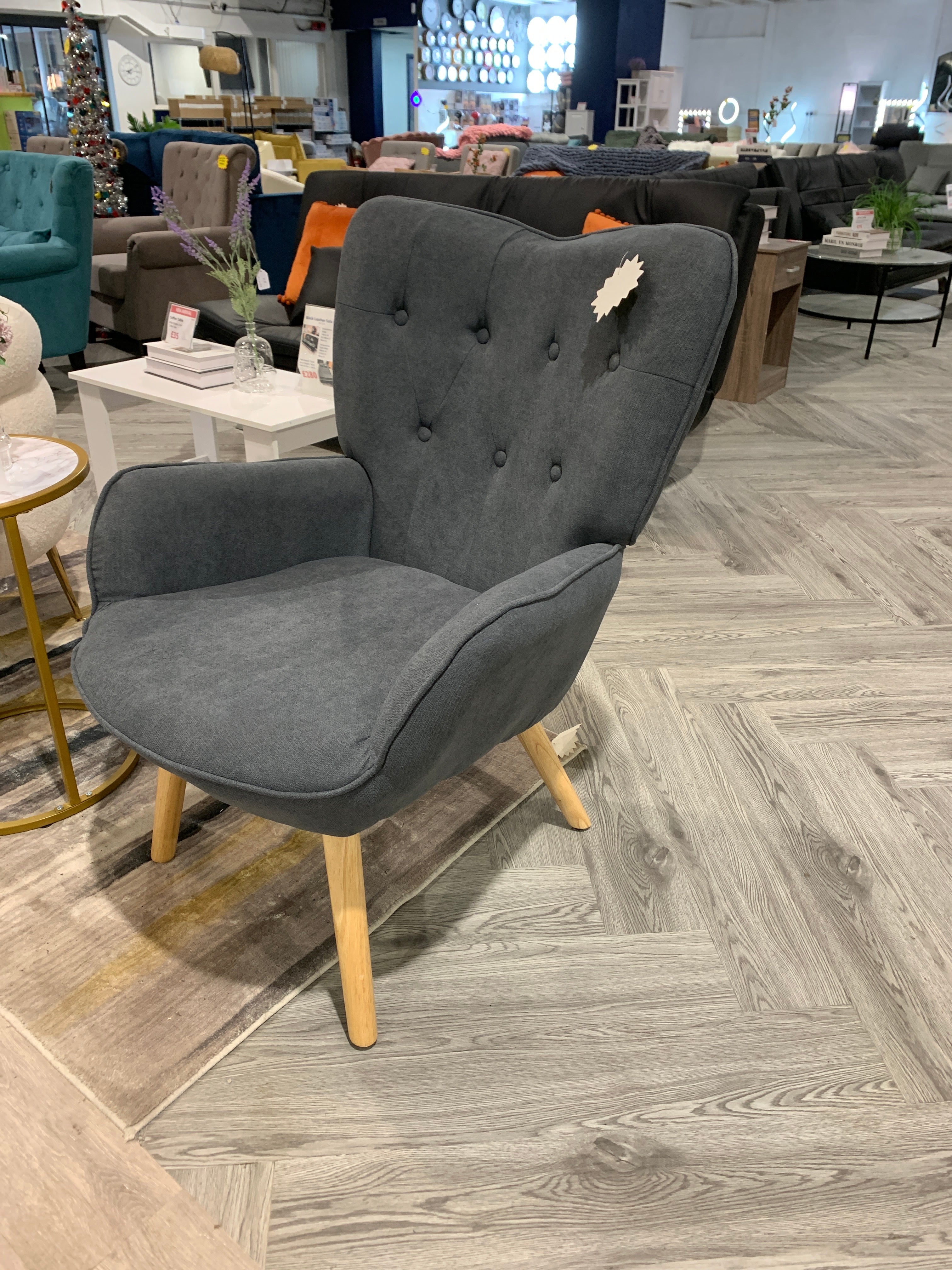 Grey Buttoned Linen Armchair with Wooden Legs