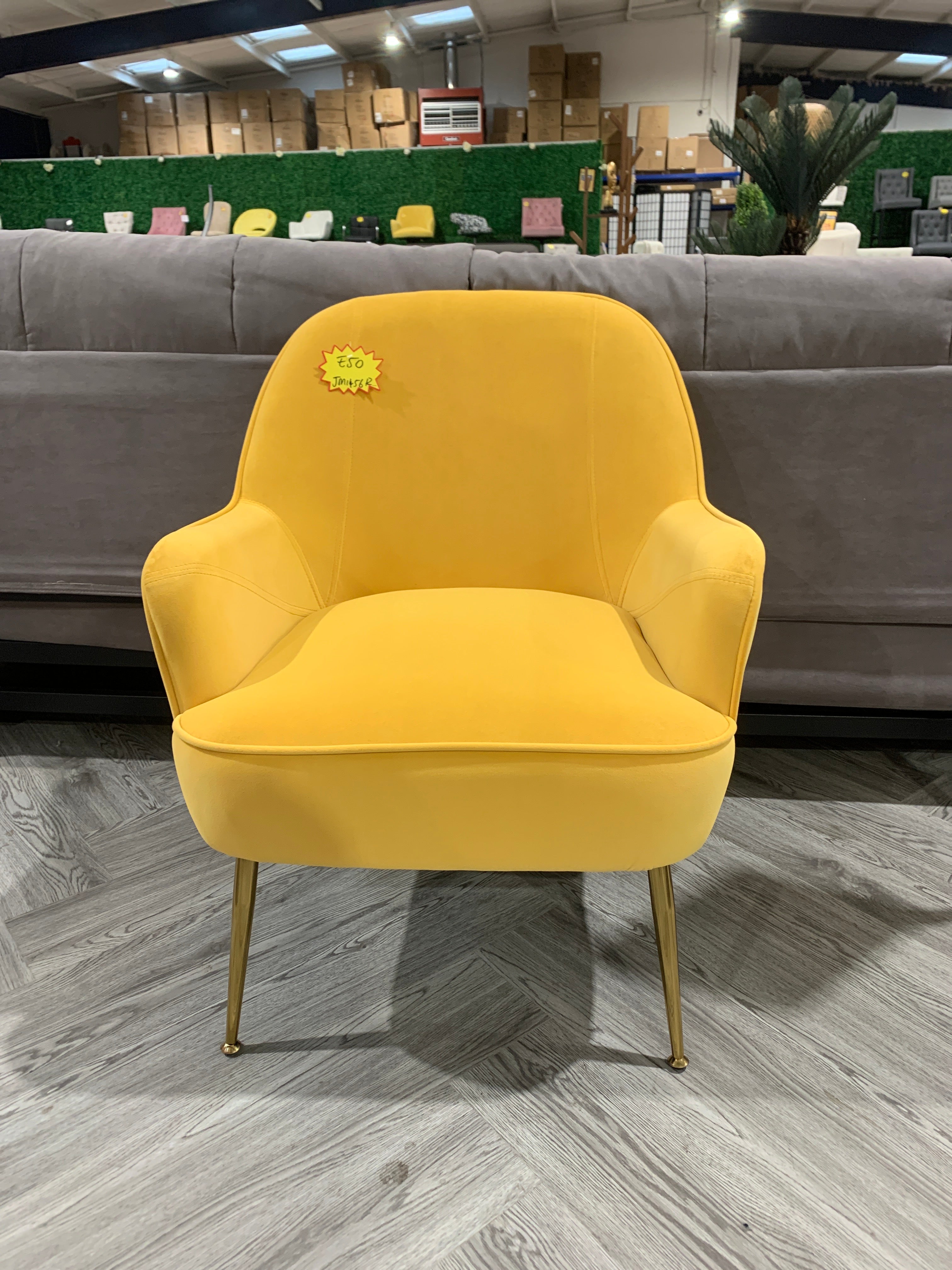 Yellow Contemporary Upholstered Comfy Armchair with Gold-Plated Feet