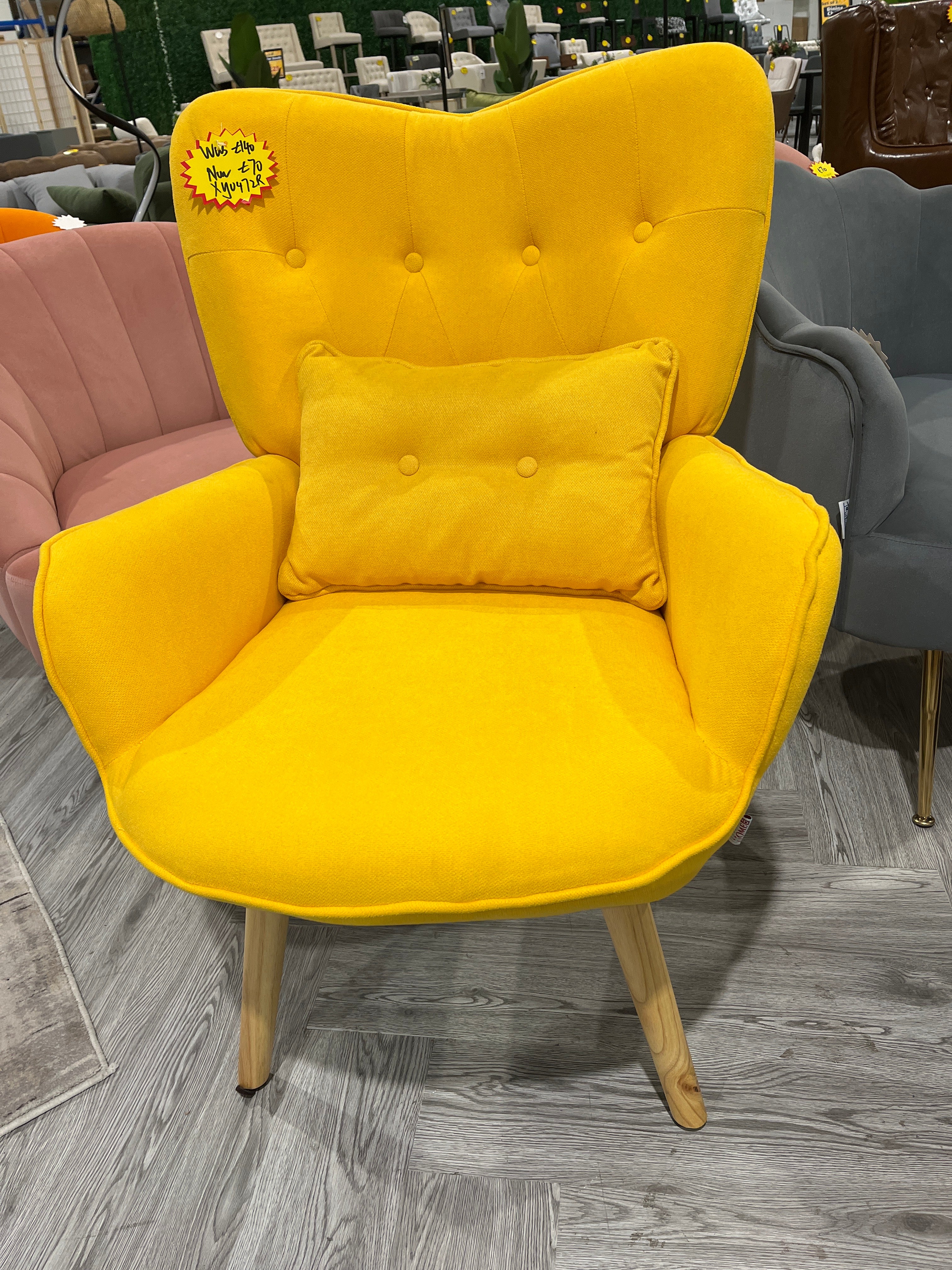 Yellow Tufted Button Linen Armchair with Wooden Legs