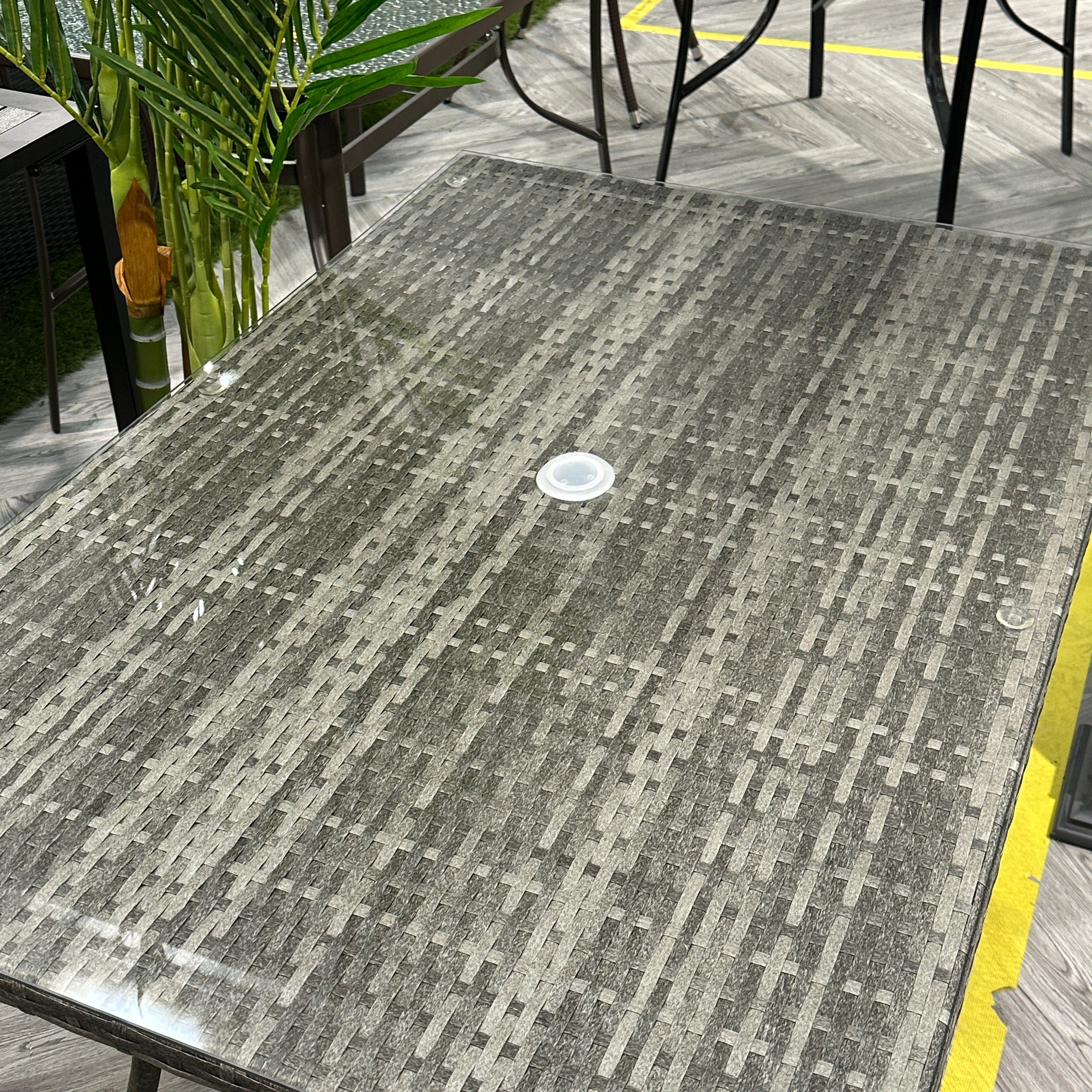 Garden Rattan Tempered Glass Top Table with Parasol Hole Black 120cm W