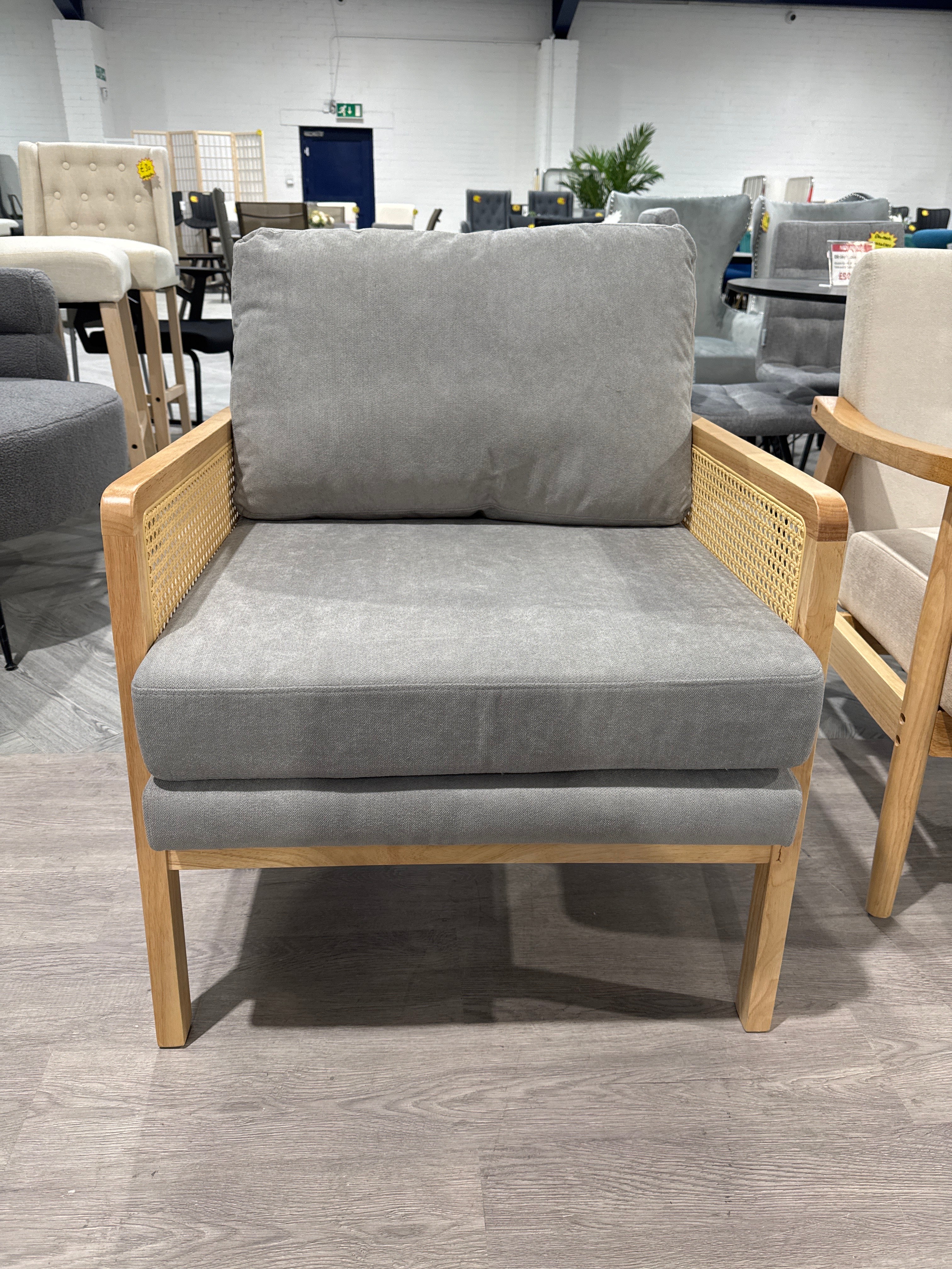 Grey Cushioned Wooden Armchair