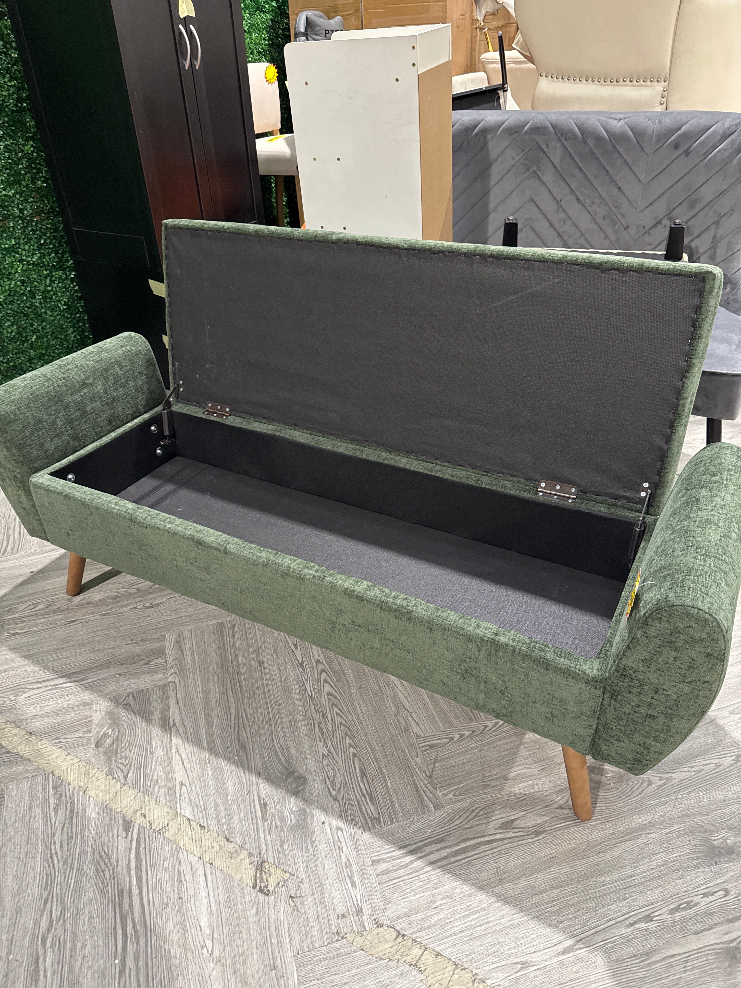 Chenille Upholstered Storage Bench with Wooden Legs Green