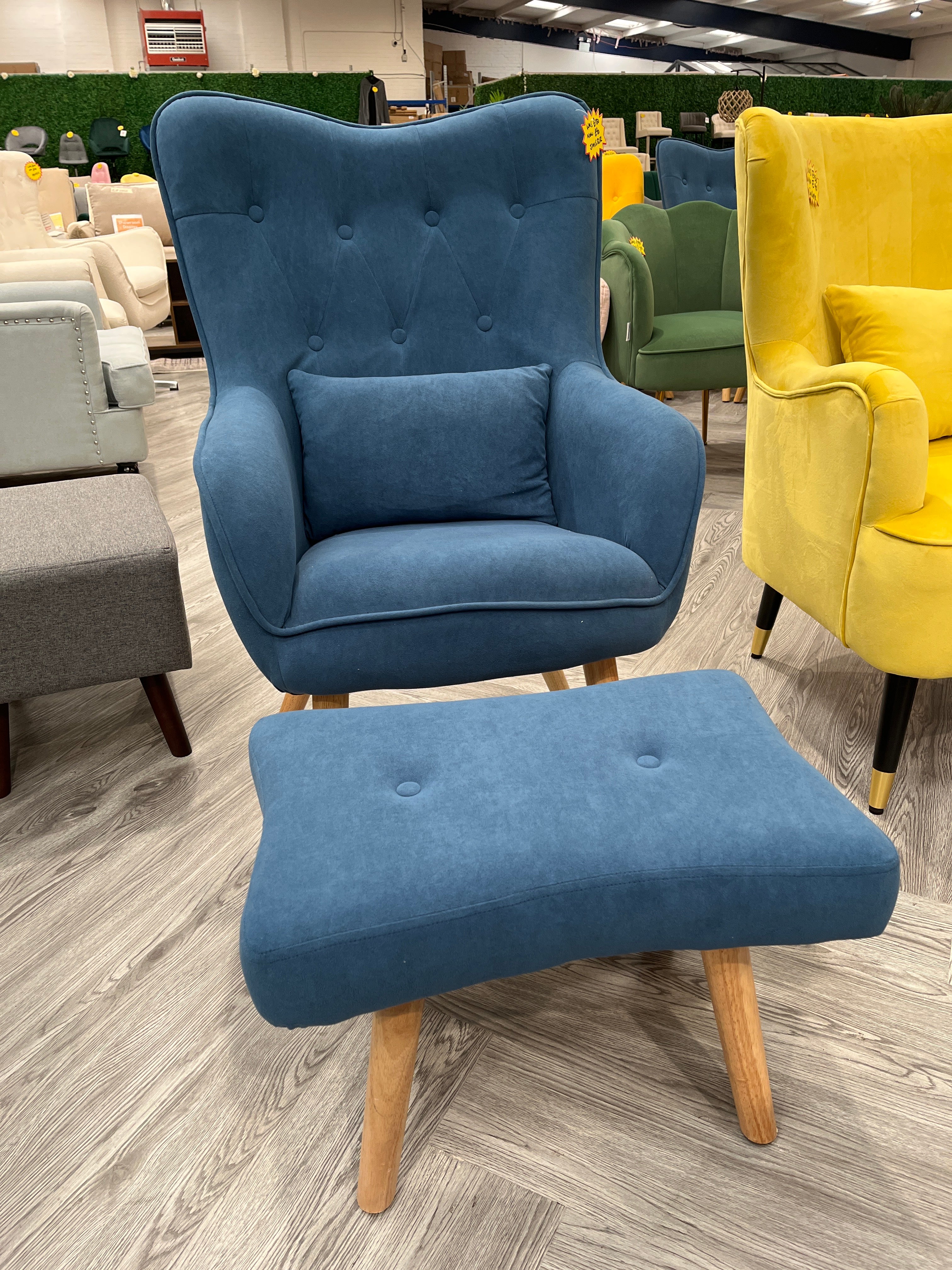 Blue Frosted Velvet Upholstered Armchair with Footstool and Cushion