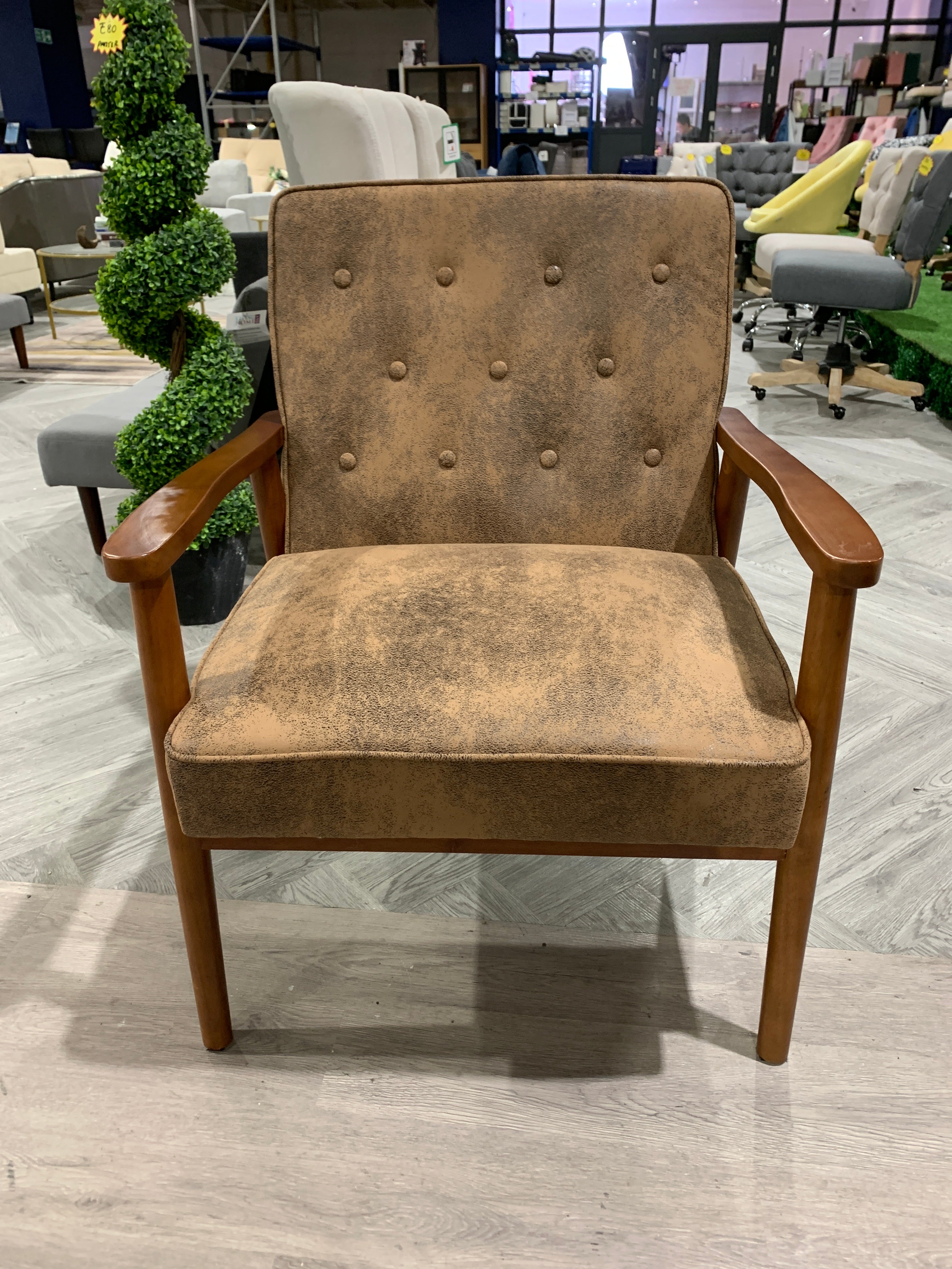 Vintage Brown PU Leather Upholstered Armchair with Wood Frame