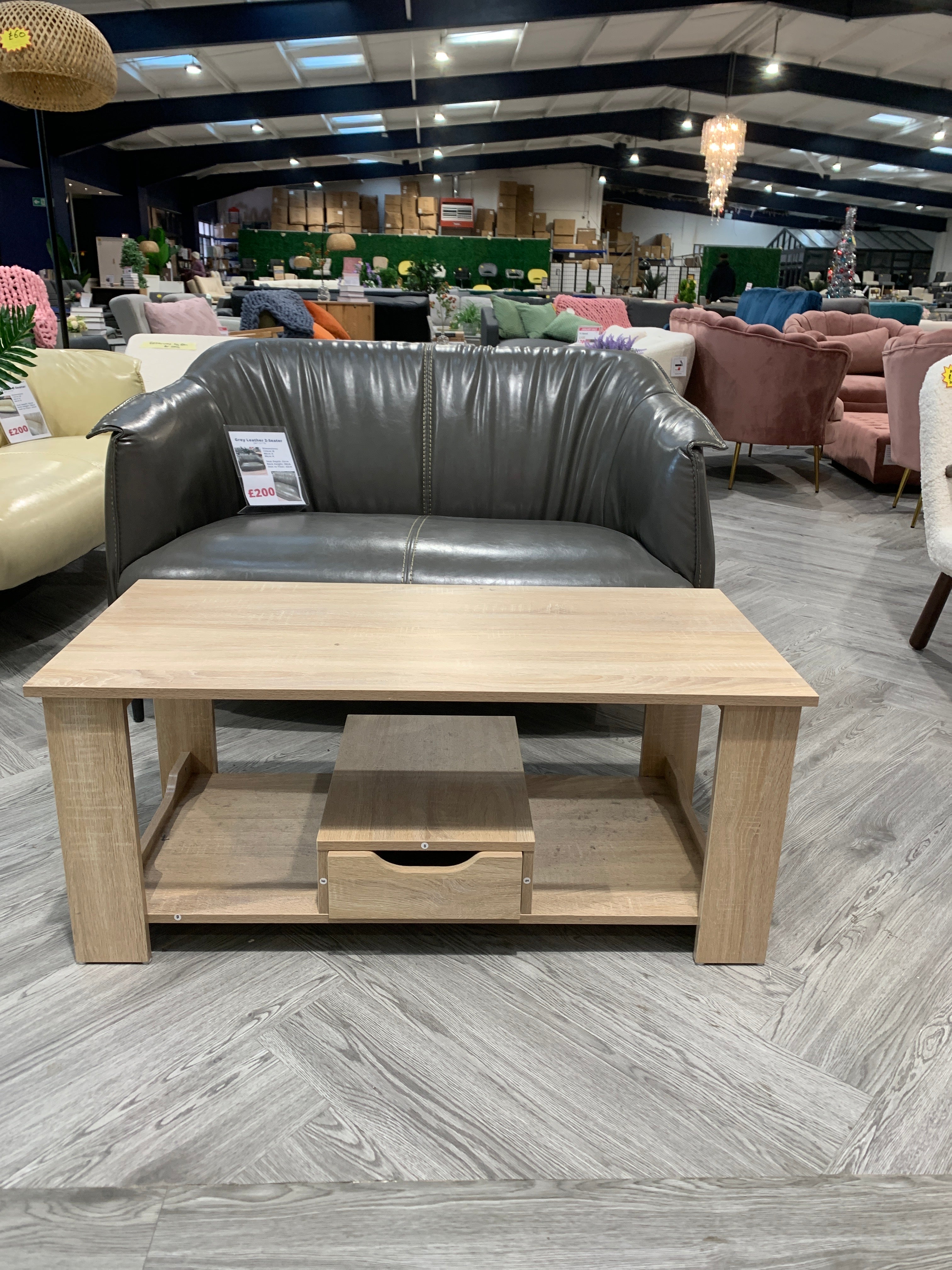 2 Tier Light Brown Wooden Coffee Table with Drawer and Shelf