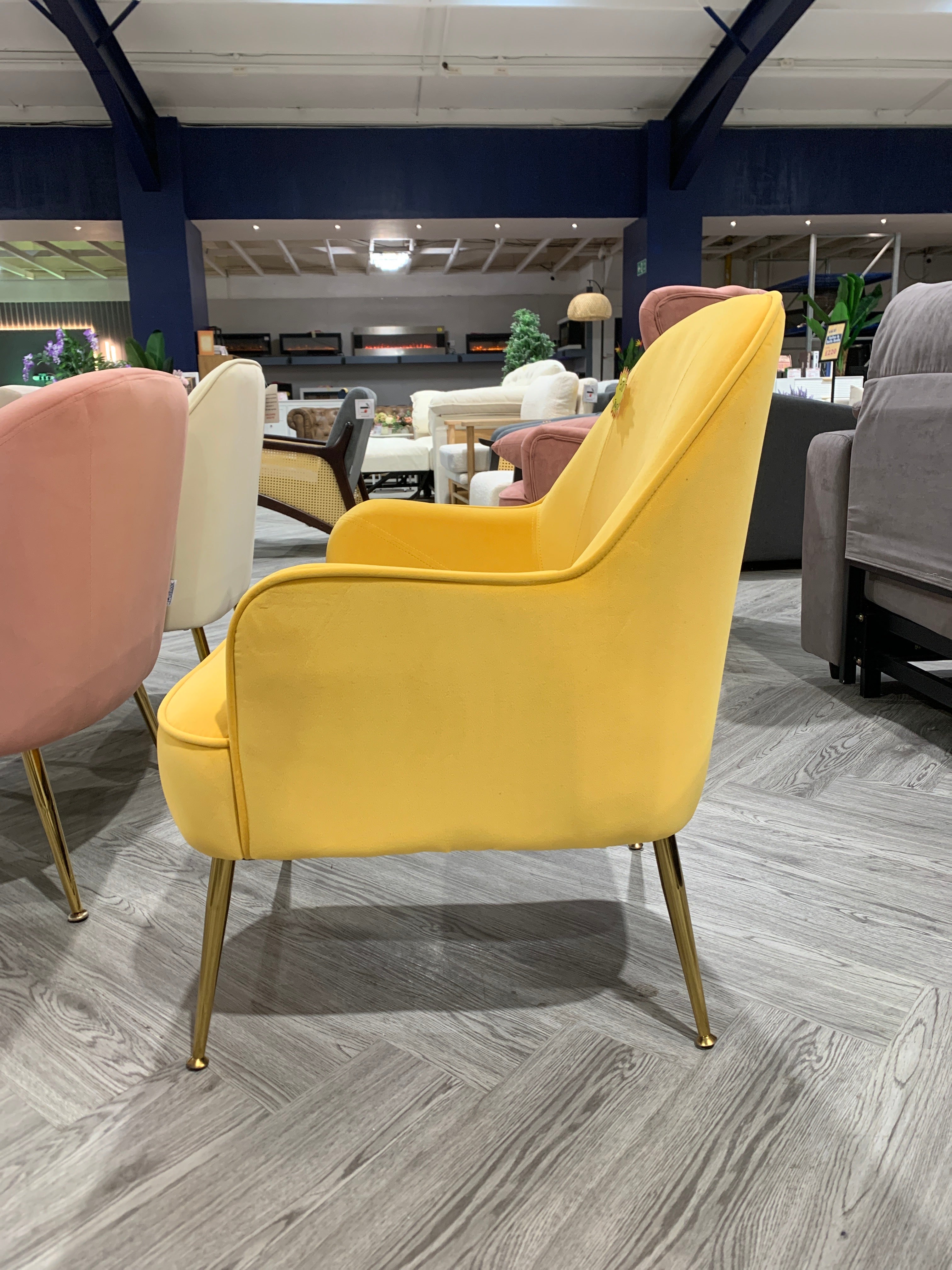 Yellow Contemporary Upholstered Comfy Armchair with Gold-Plated Feet