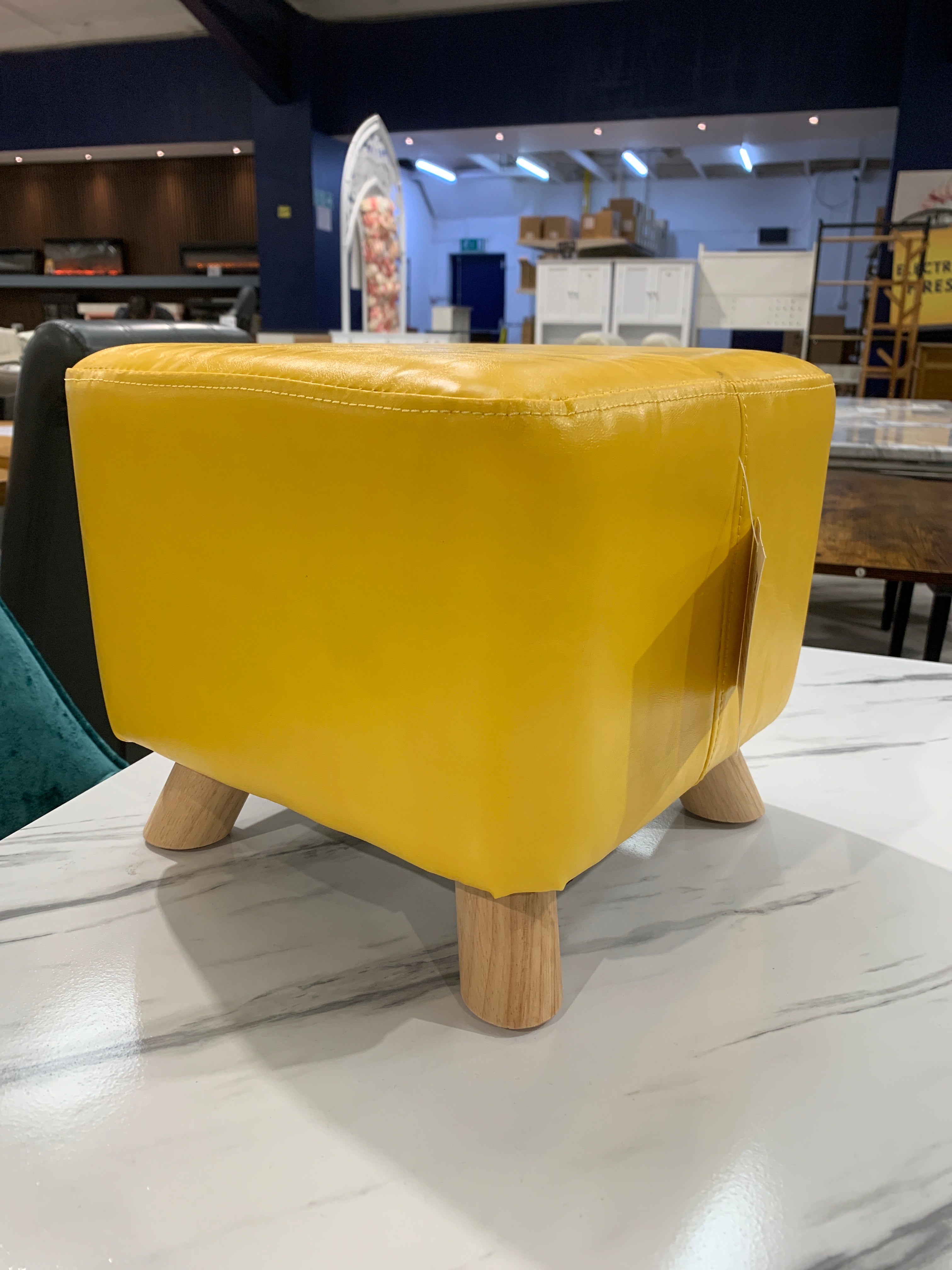 PU Leather Square Footstool with Wooden Legs Yellow