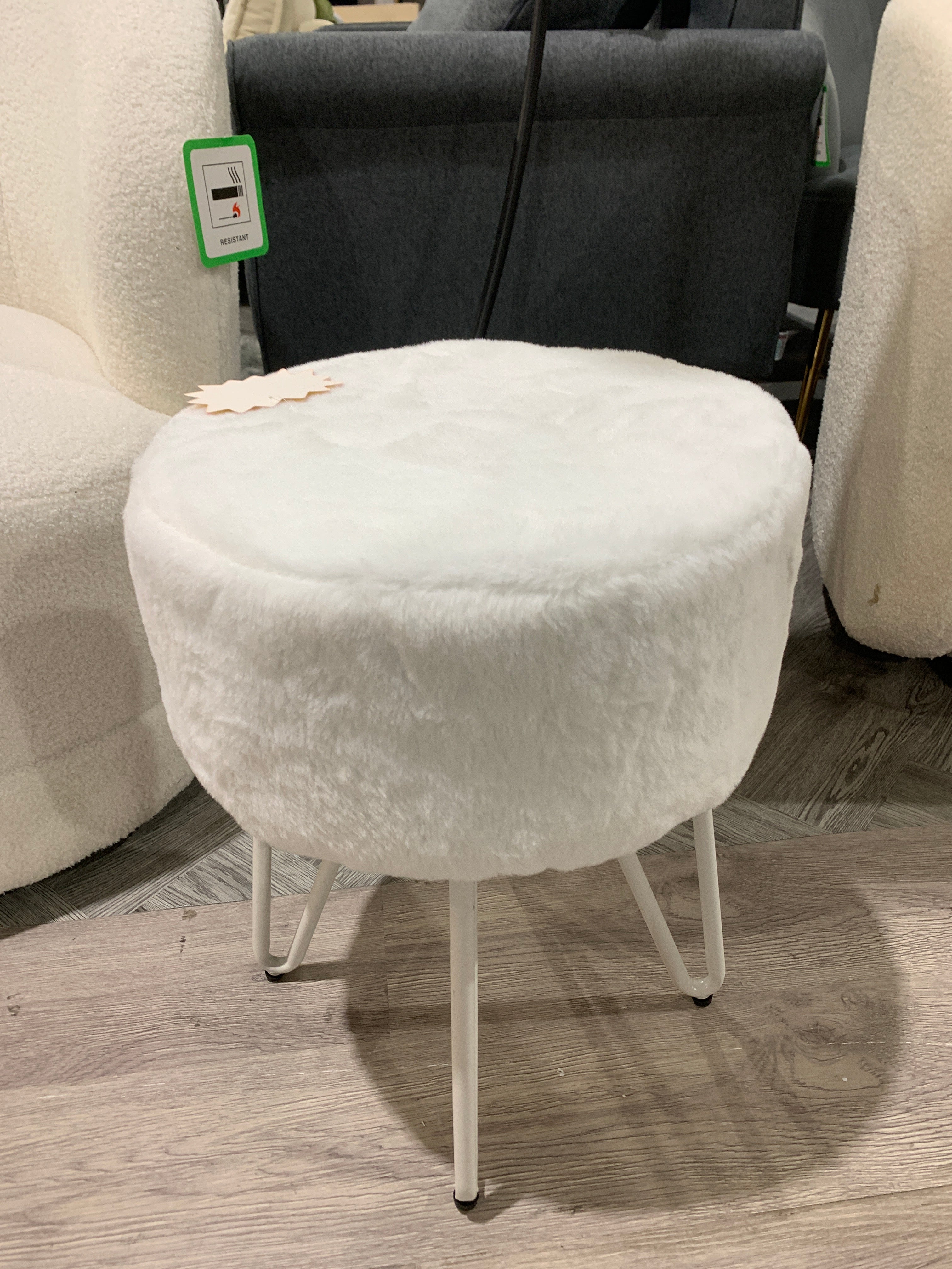 White Round Plush Dressing Table Vanity Stool with Metal Legs