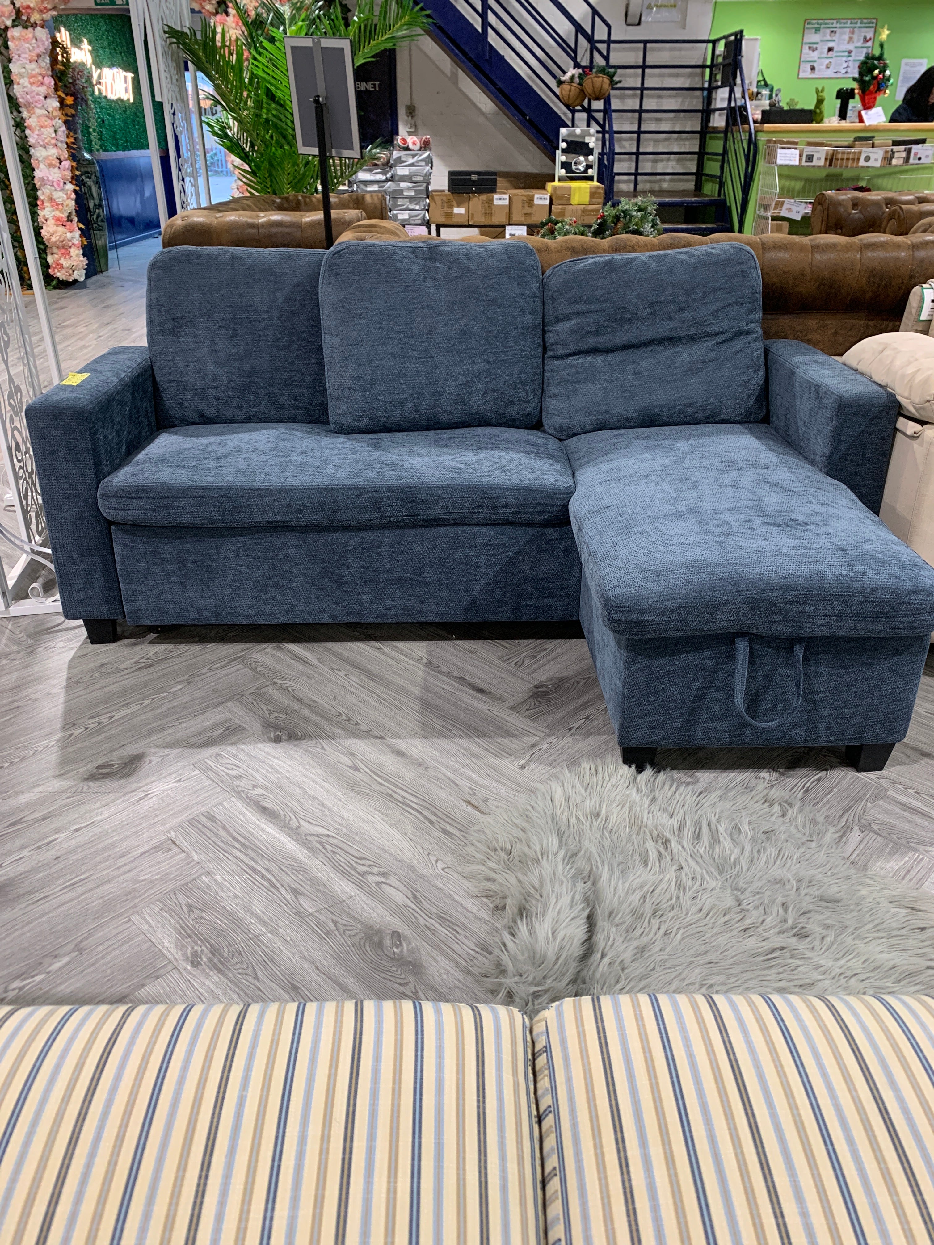 3 Seater L Shaped Chenille Upholstered Corner Sofa Bed with Storage Blue