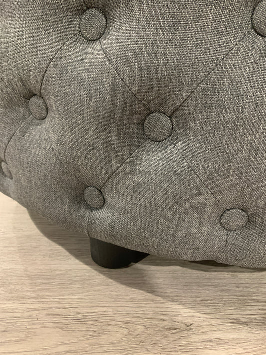 Dark Grey Round Linen Deep Buttoned Ottoman with Studded Edge