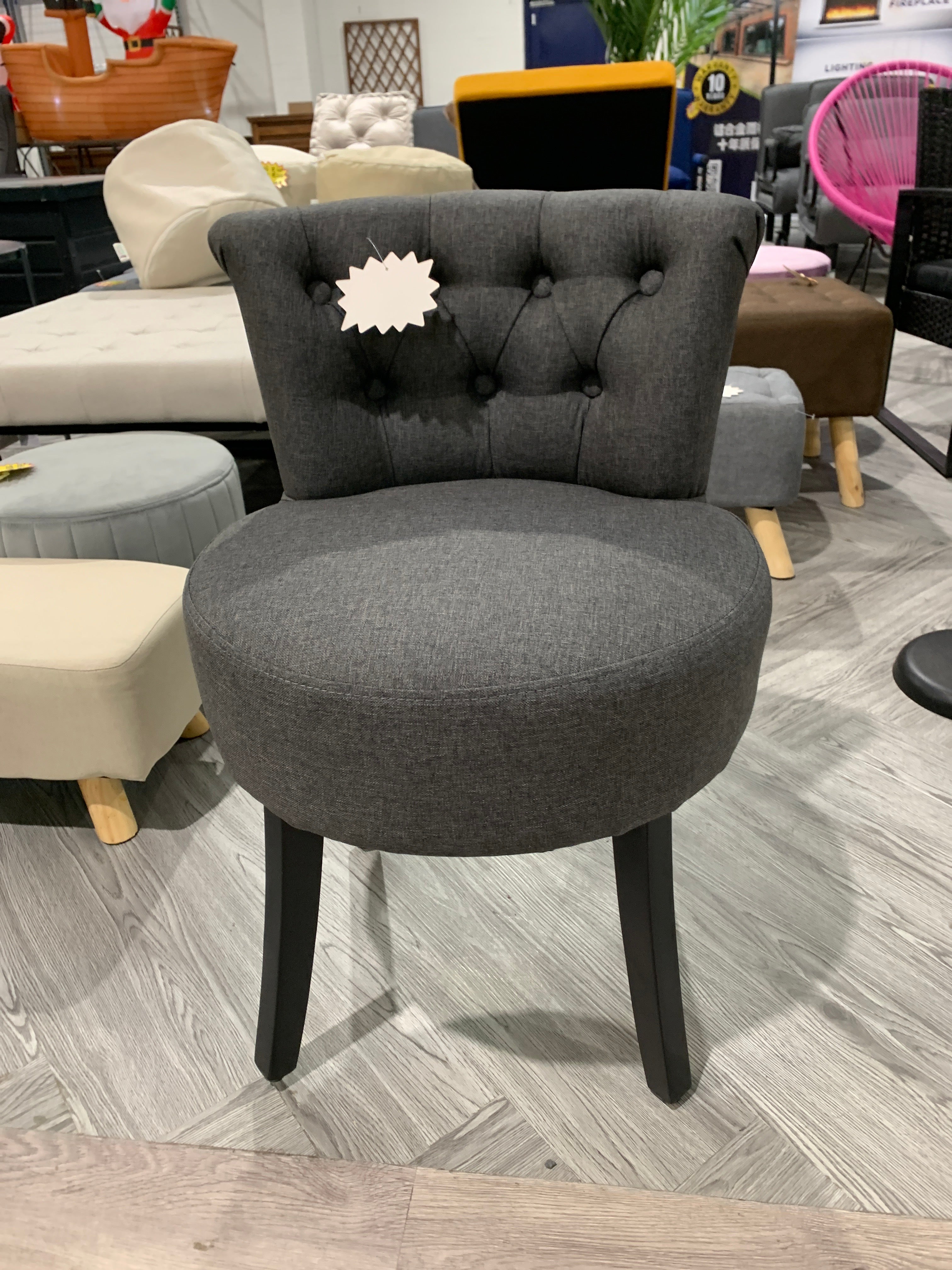 Modern Grey Linen Upholstered Buttoned Dressing Table Stool