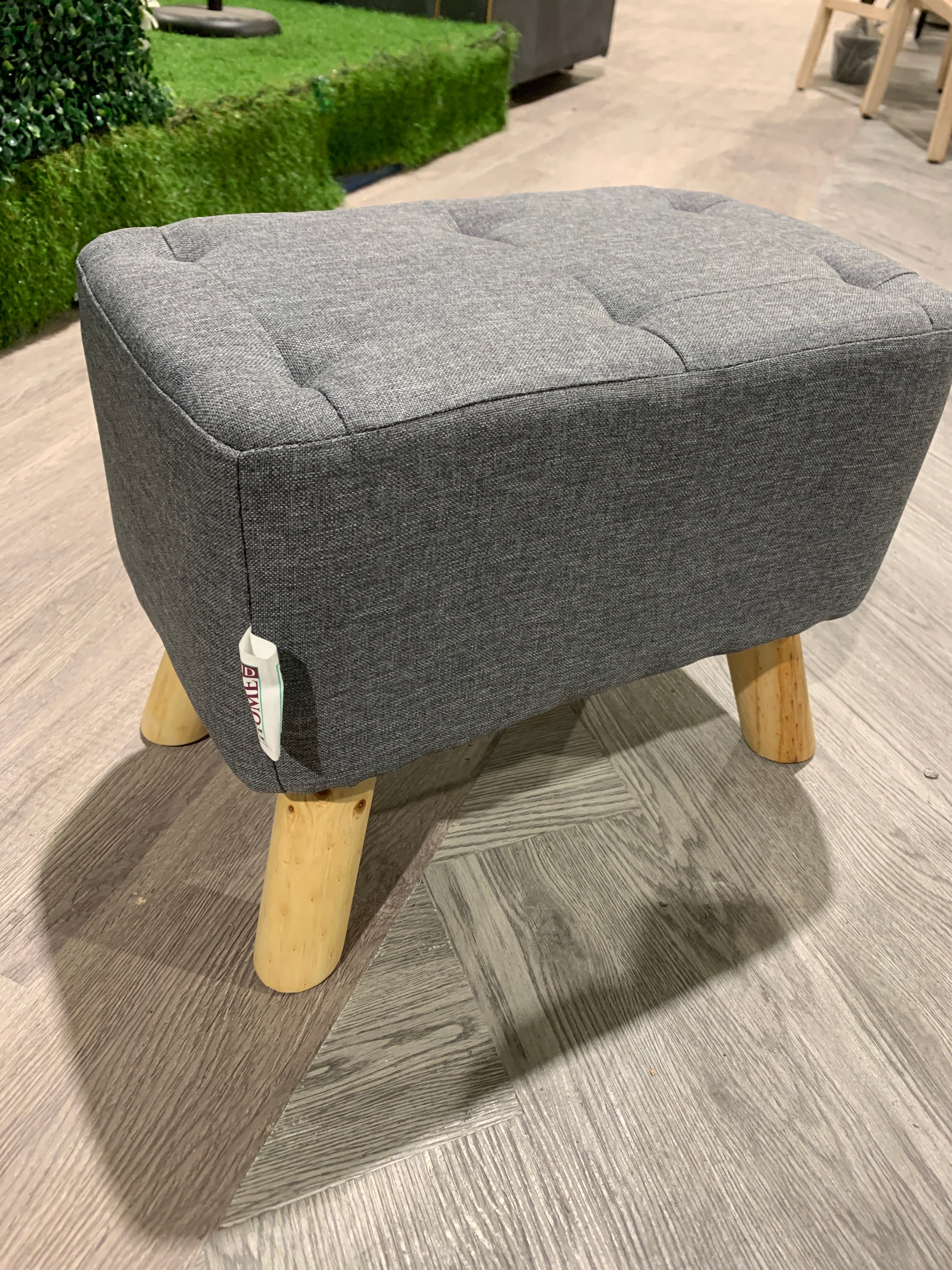 Grey Linen Fabric Upholstered Footstool with Wooden Legs and Side Pocket