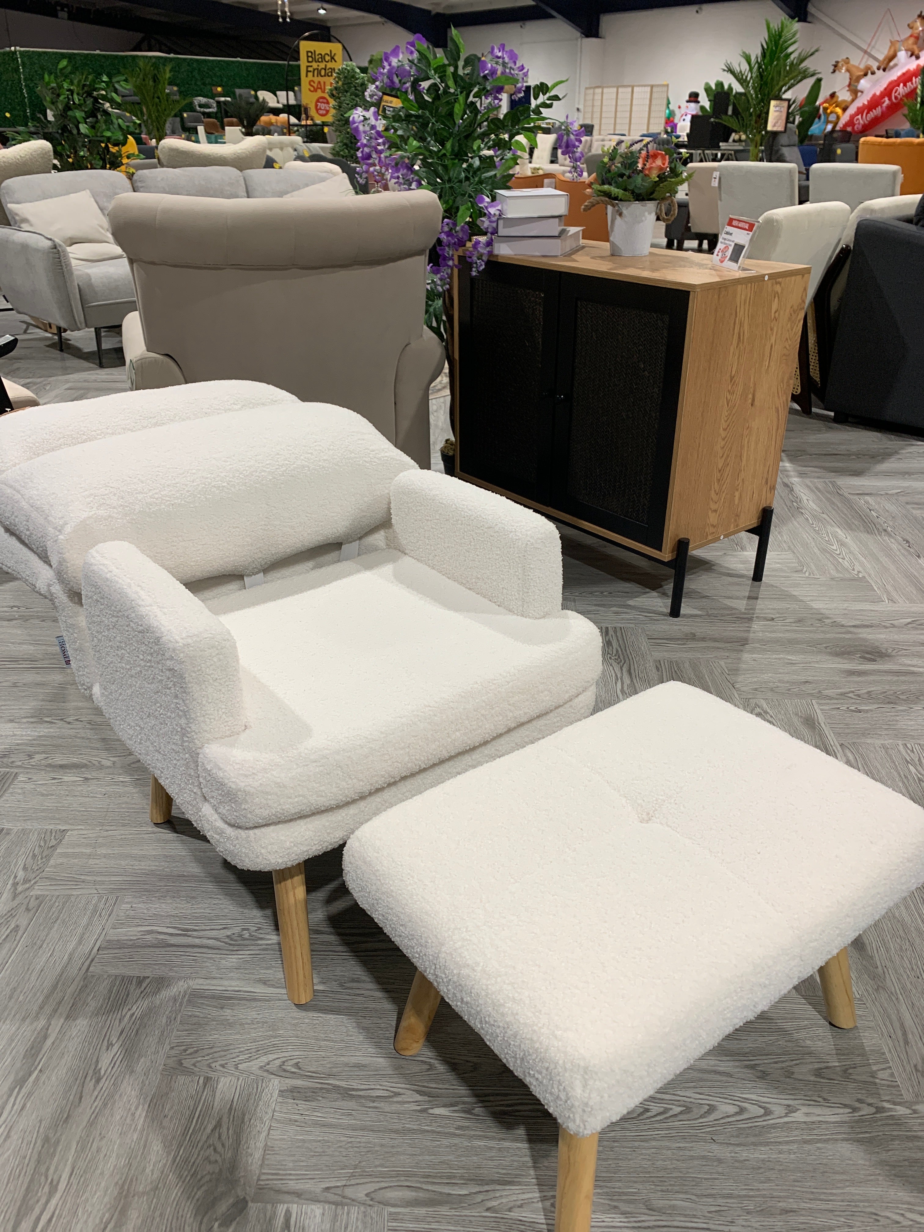 White Sherpa Lounge Chair with Footstool