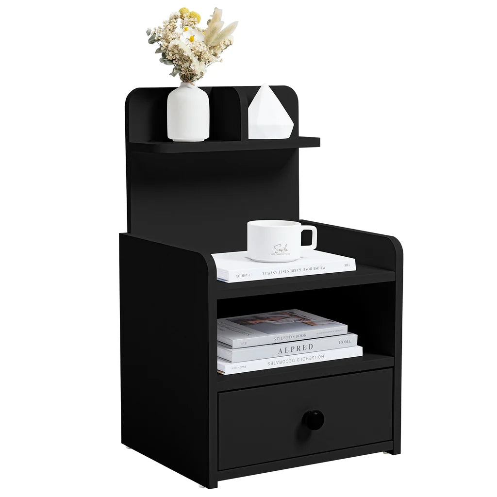 Wooden 1-Drawer Bedside Table Nightstand with a Shelf Black