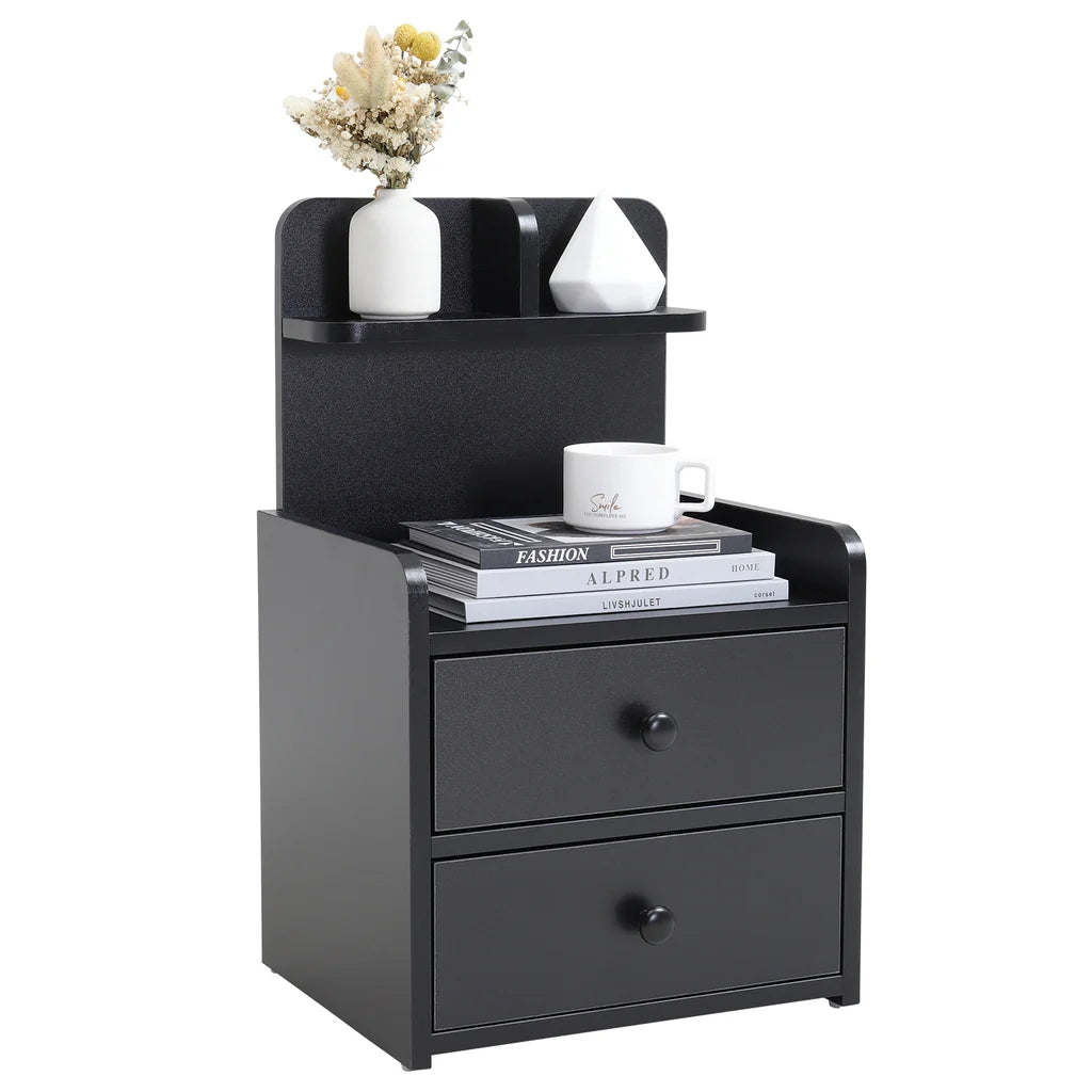 Black 2-Drawer Bedside Table Nightstand with a Shelf