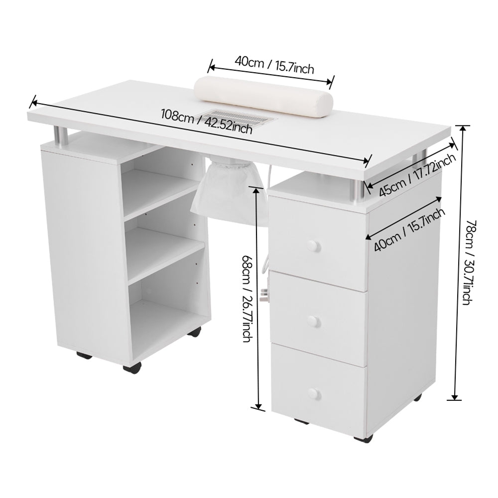 White Manicure Table with Dust Collector and Wrist Cushion