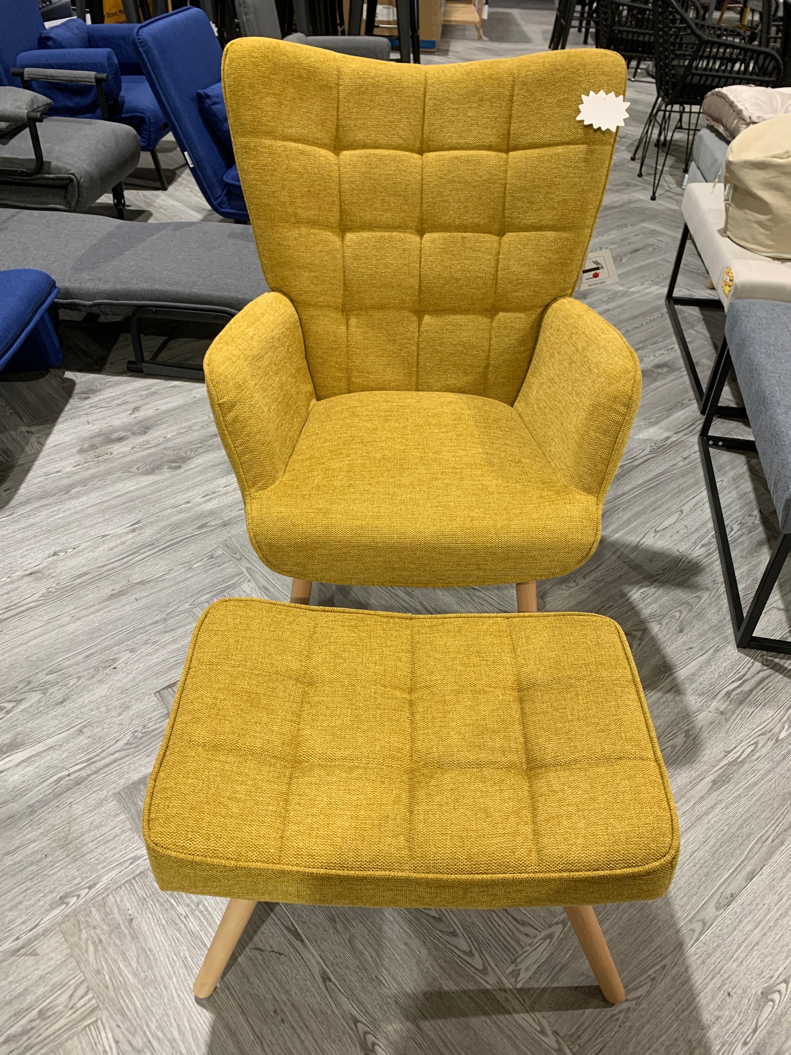 Tufted Armchair with Footstool Linen Yellow