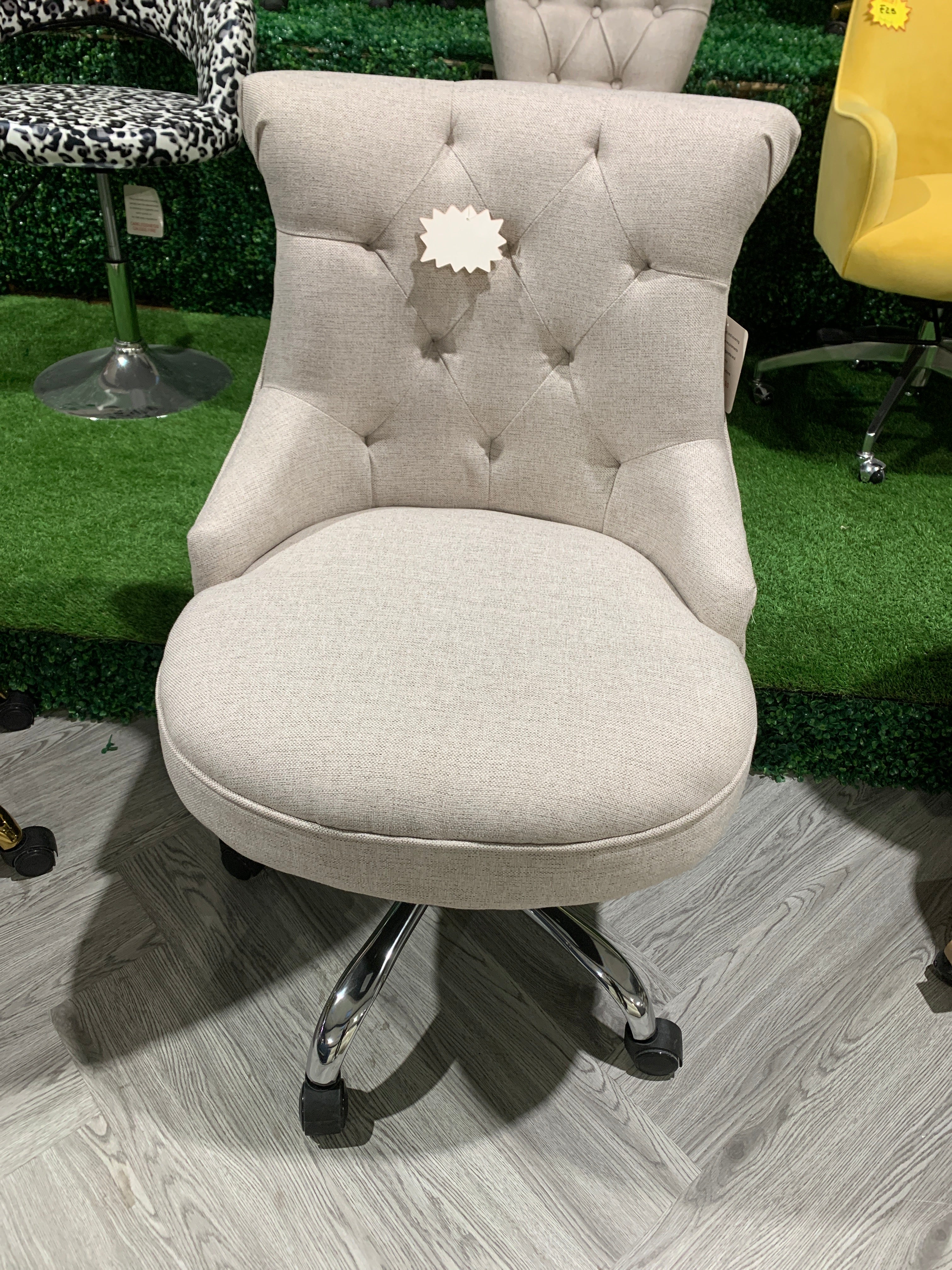 Beige Swivel Linen Round Seat Office Chair with Gas Lift Adjustment