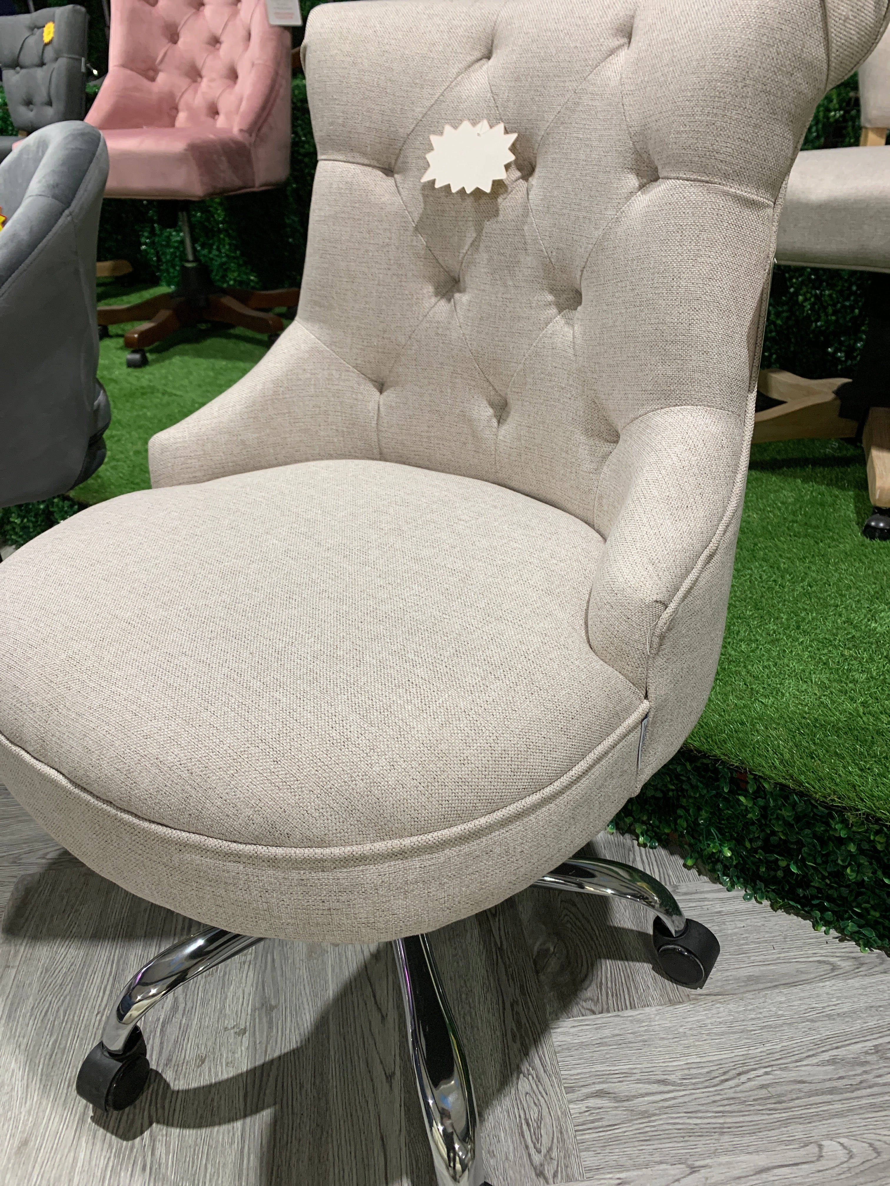 Beige Swivel Linen Round Seat Office Chair with Gas Lift Adjustment