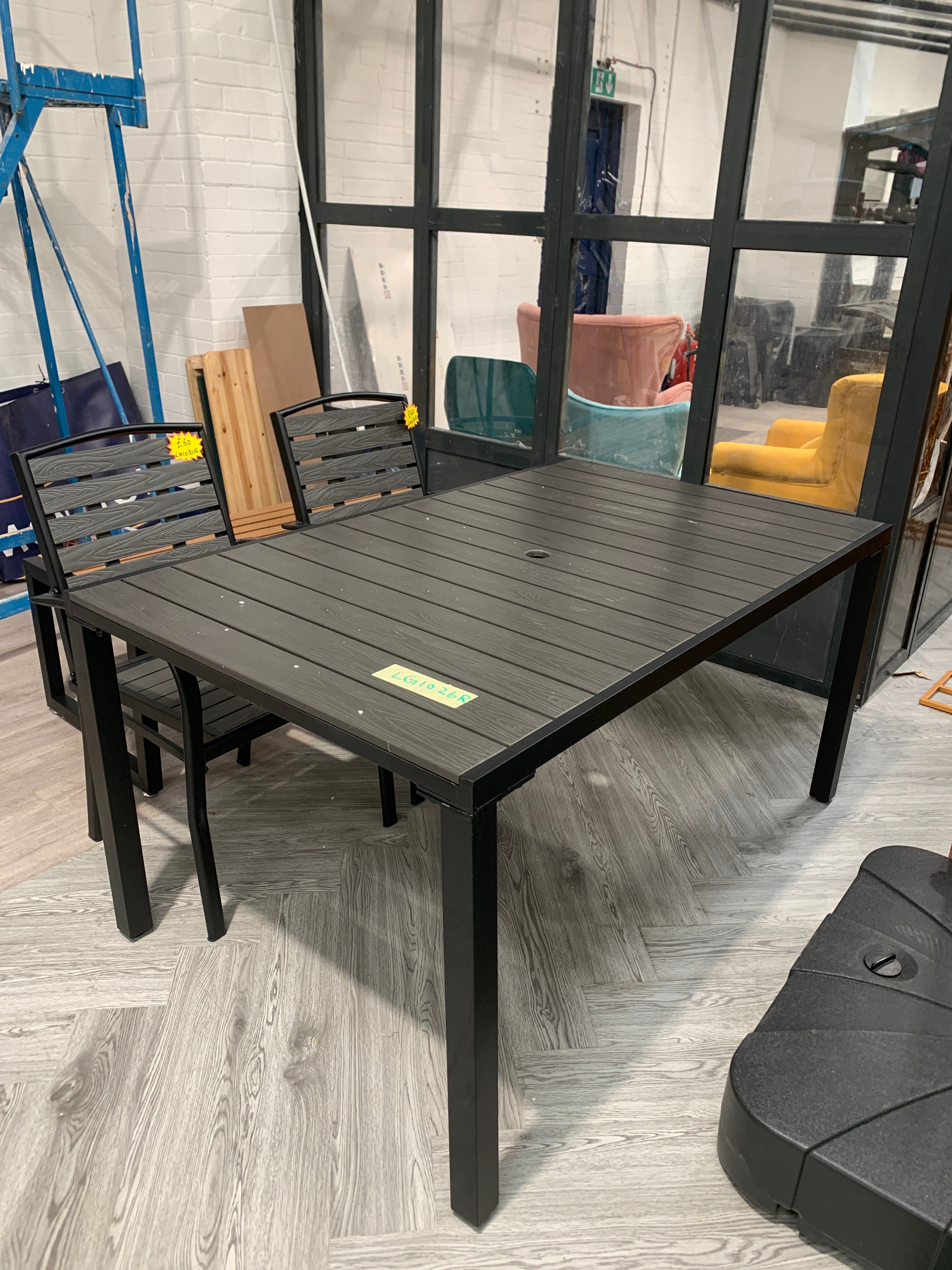 150cm Wood Effect Garden Dining Table with Parasol Hole Grey