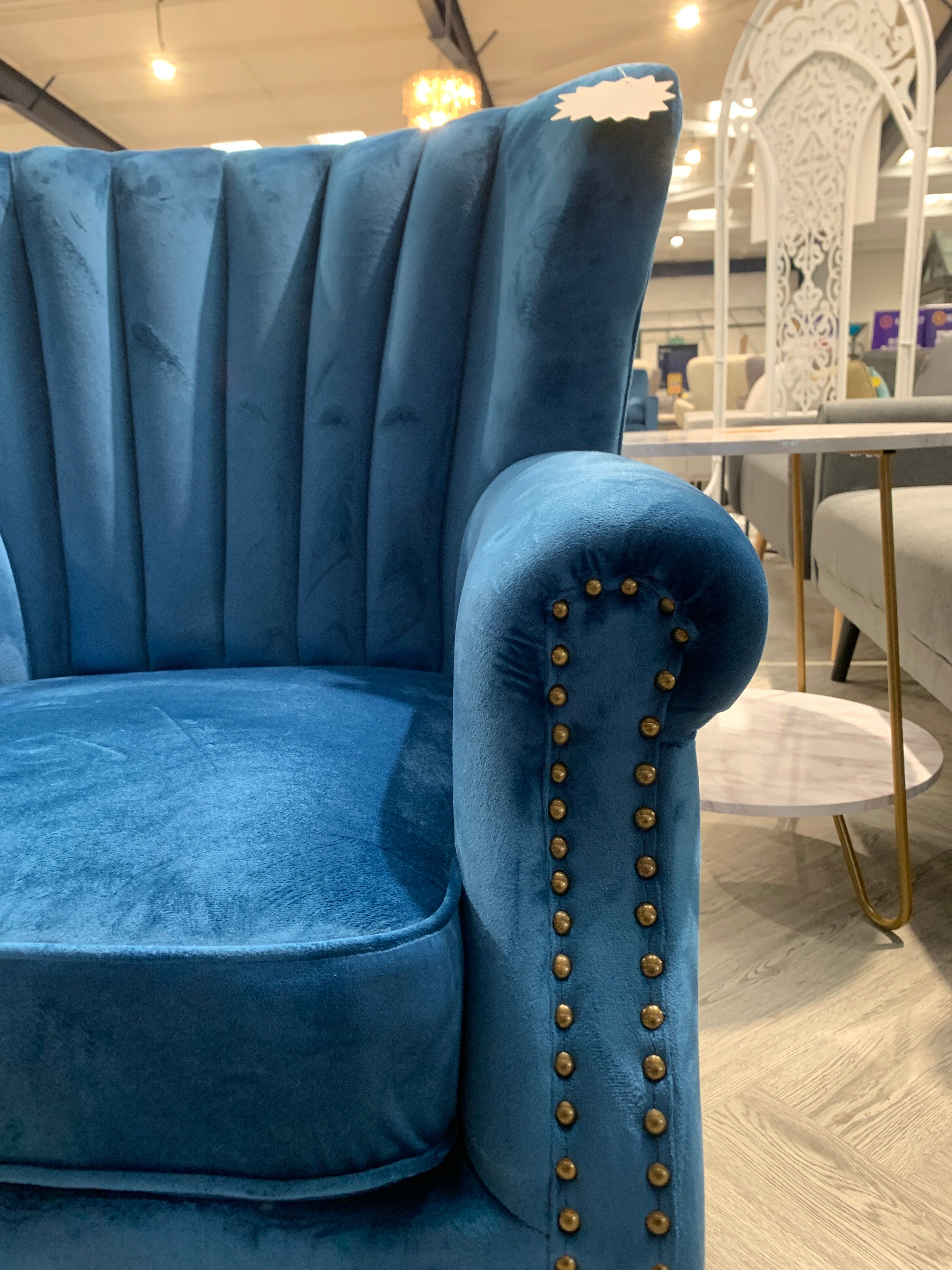 Navy Blue Vintage Velvet Wing Back Armchair with Studs