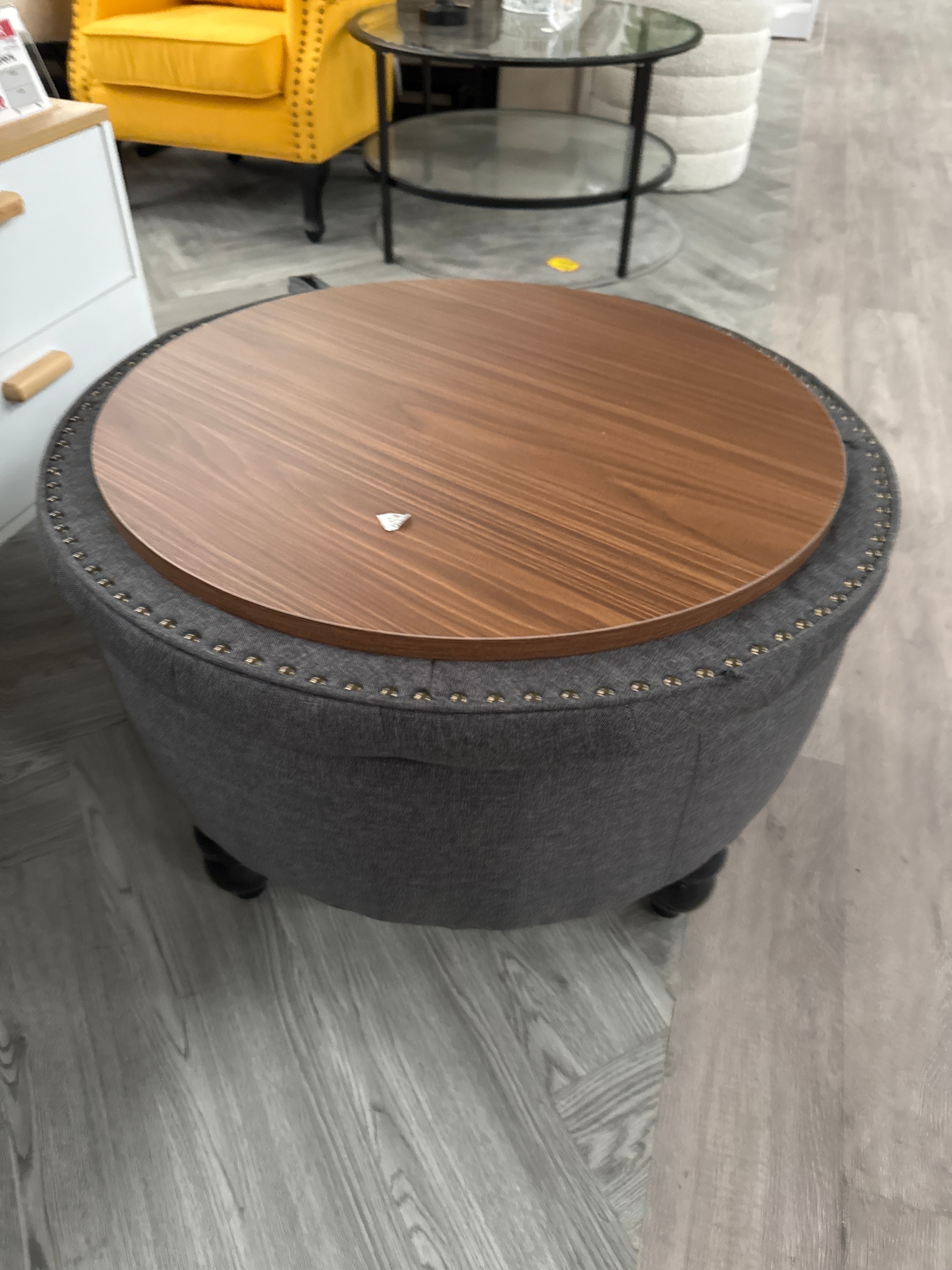 Linen Round Storage footstool with Tray Top Table