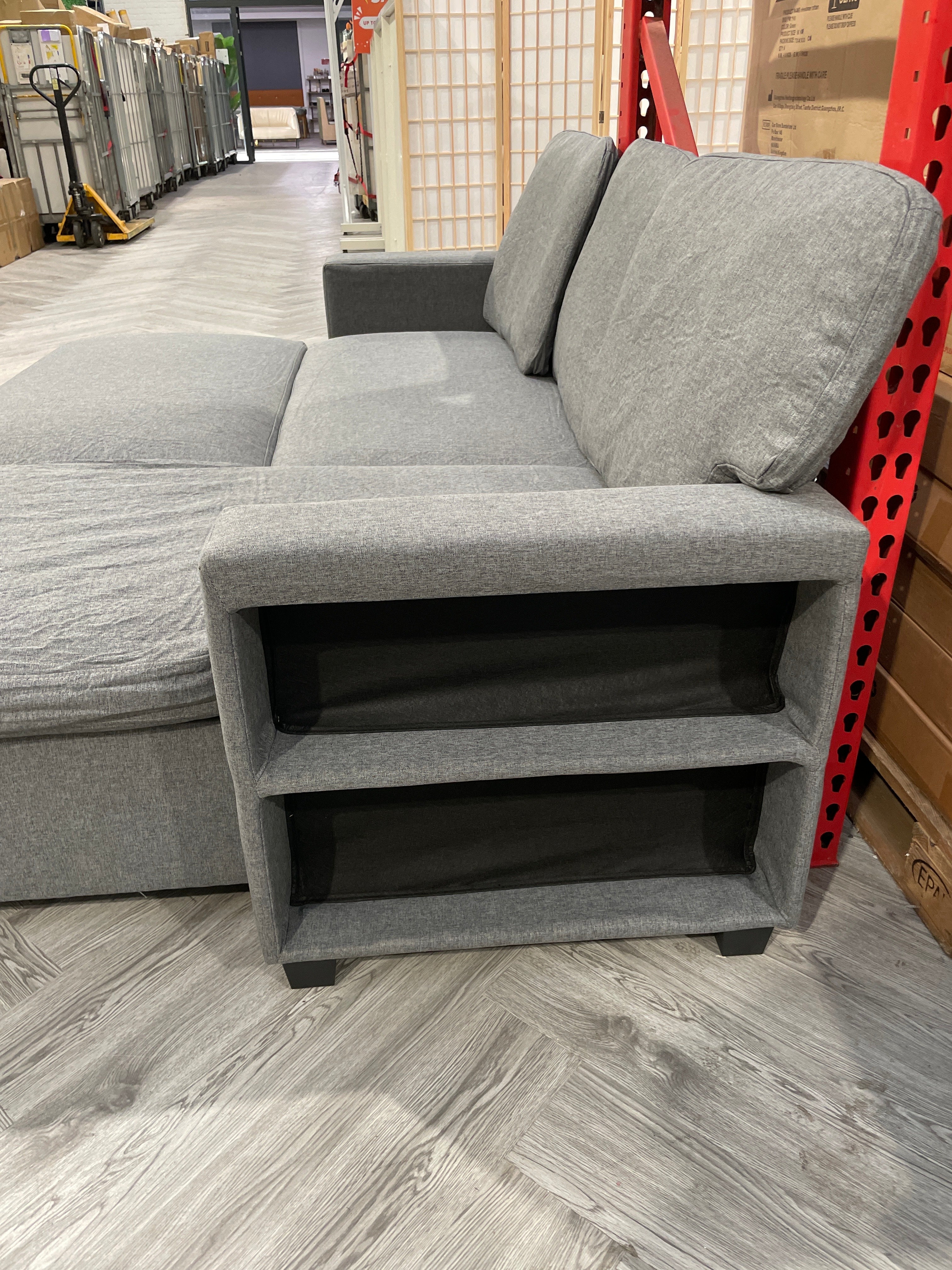 Linen L Shaped Corner Sofa Bed 3 Seater Sofa with Storage and Armrest Shelf Grey