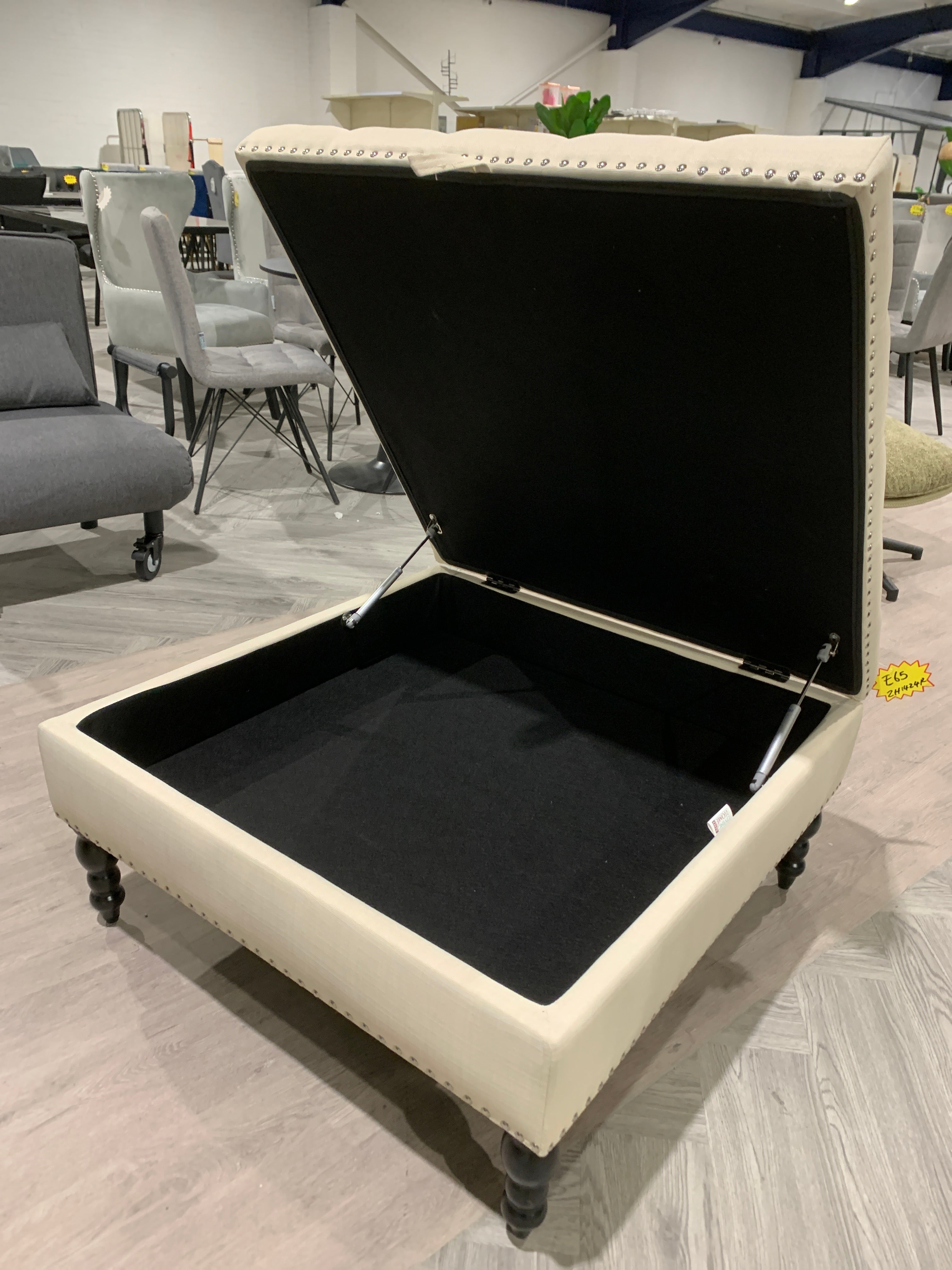 Beige Square Tufted Linen Storage Ottoman