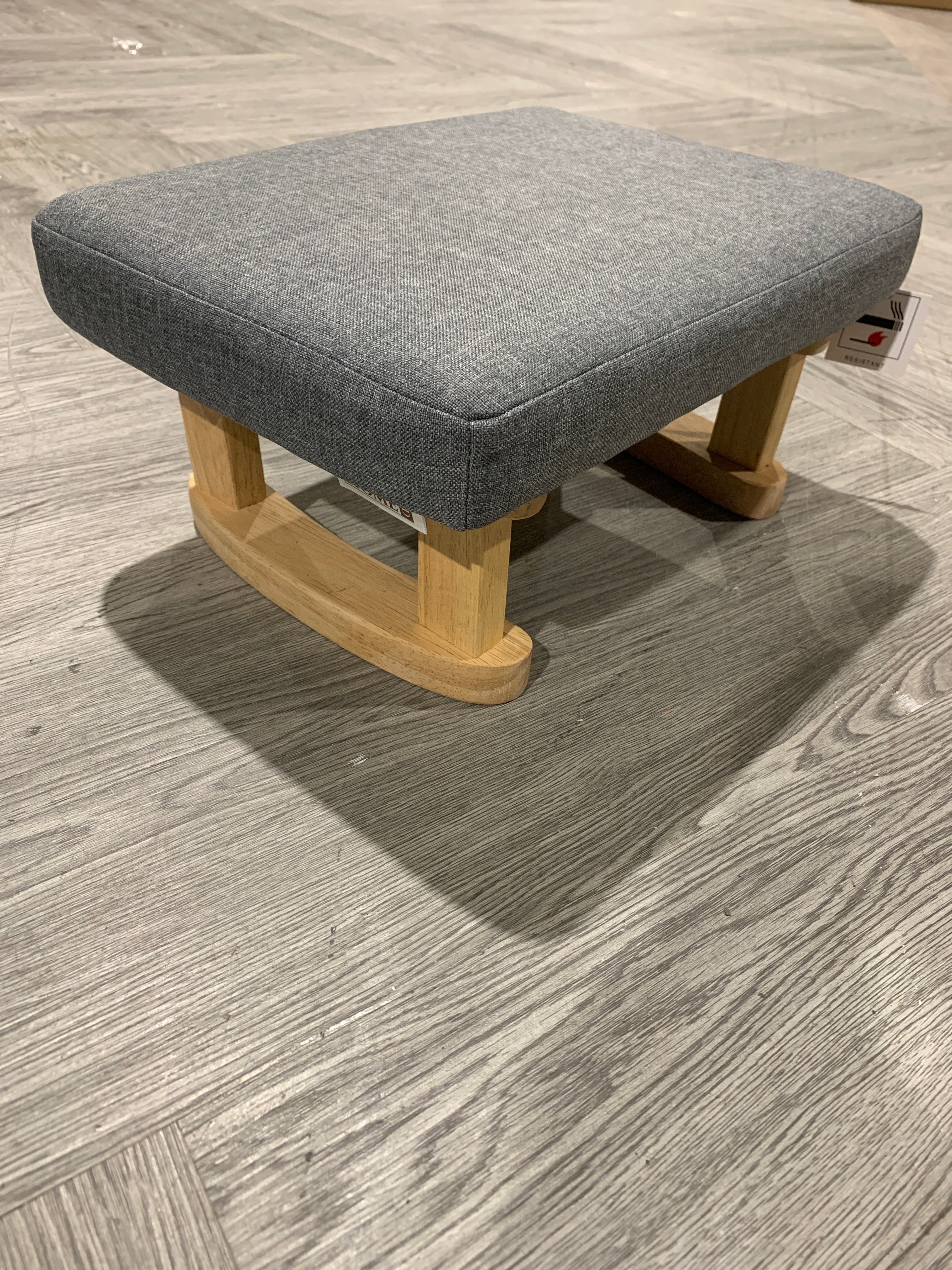 Grey Linen Fabric Upholstered Footstool with Wooden Legs