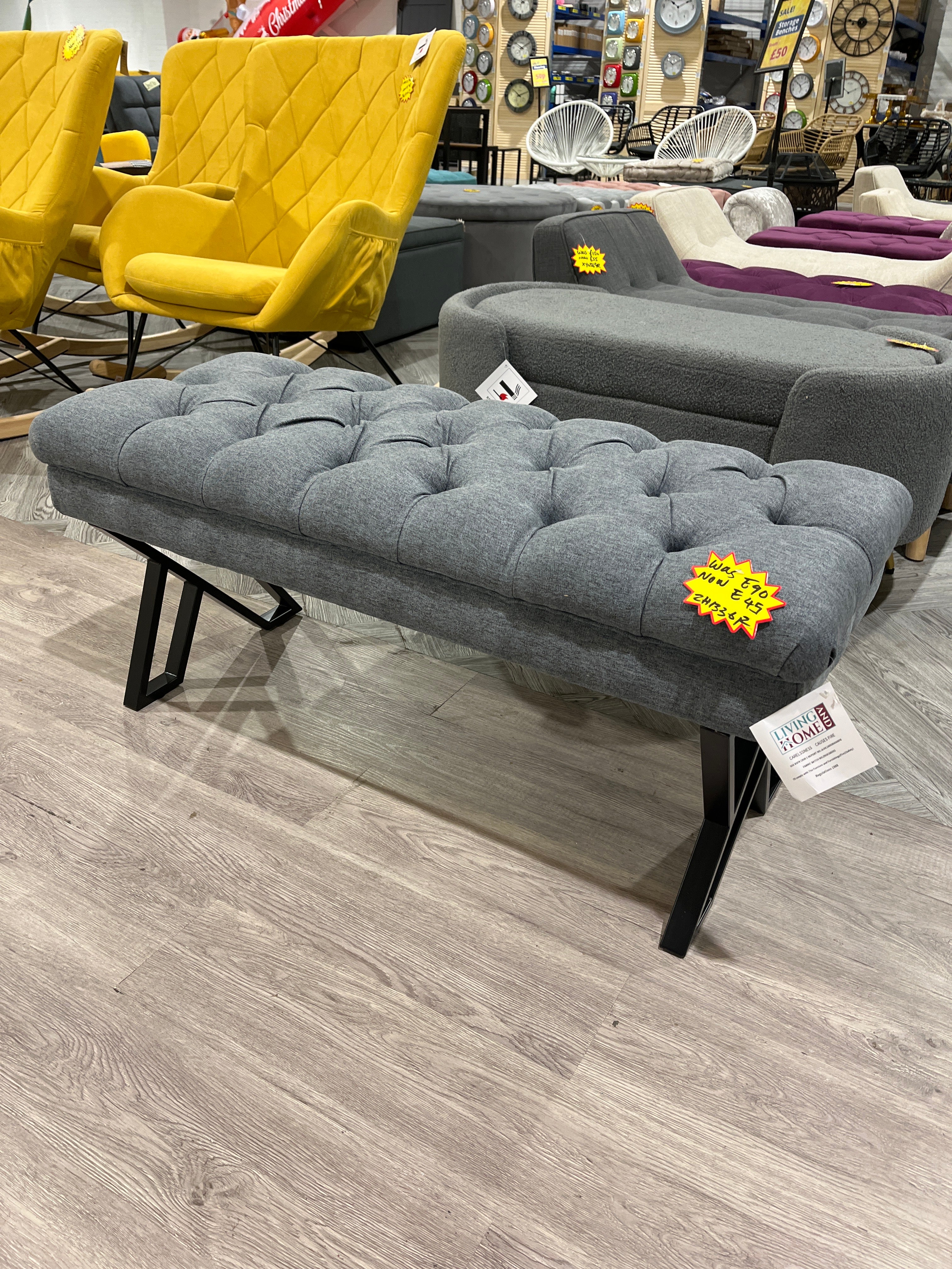 Mid Century Metal Upholstered Bench Grey