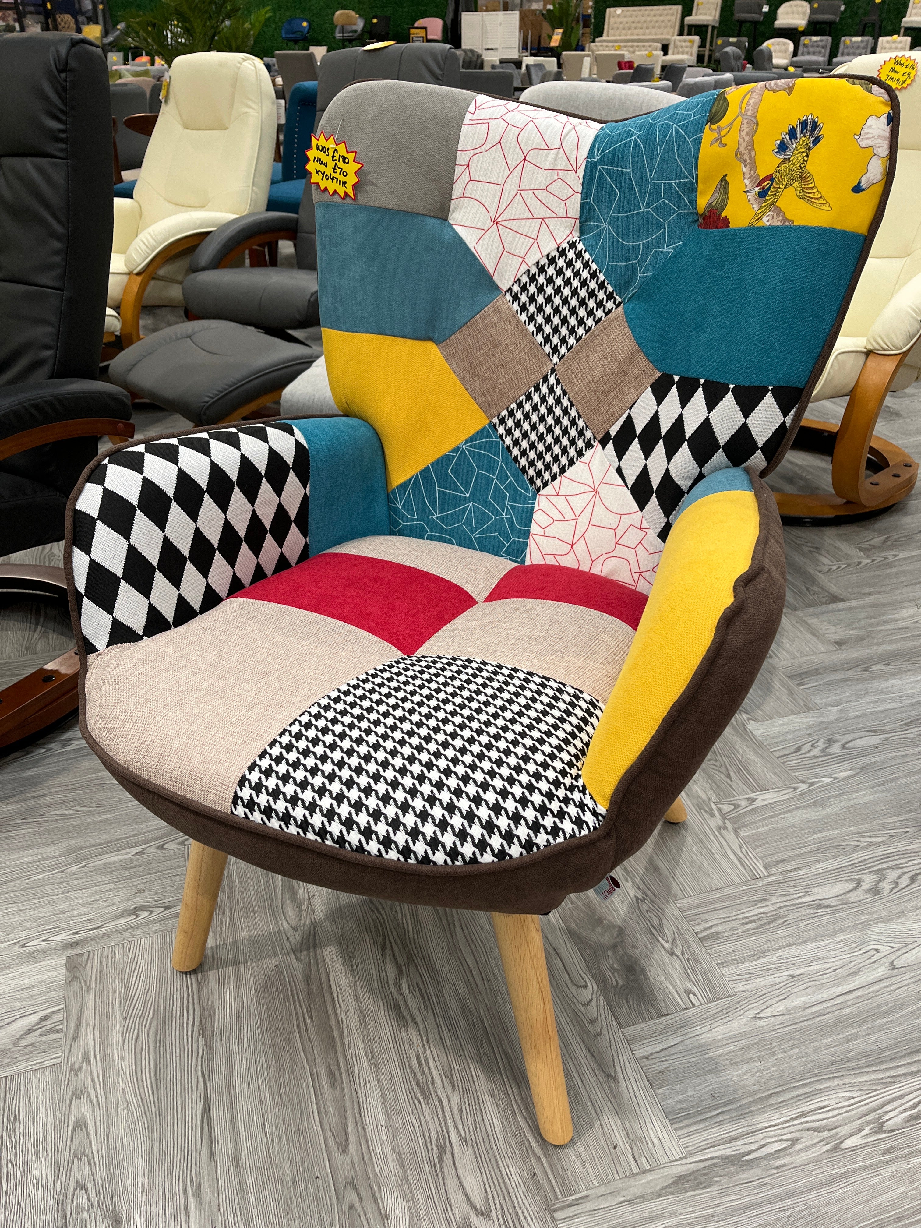 Patchwork Tufted Button Linen Armchair with Wooden Legs