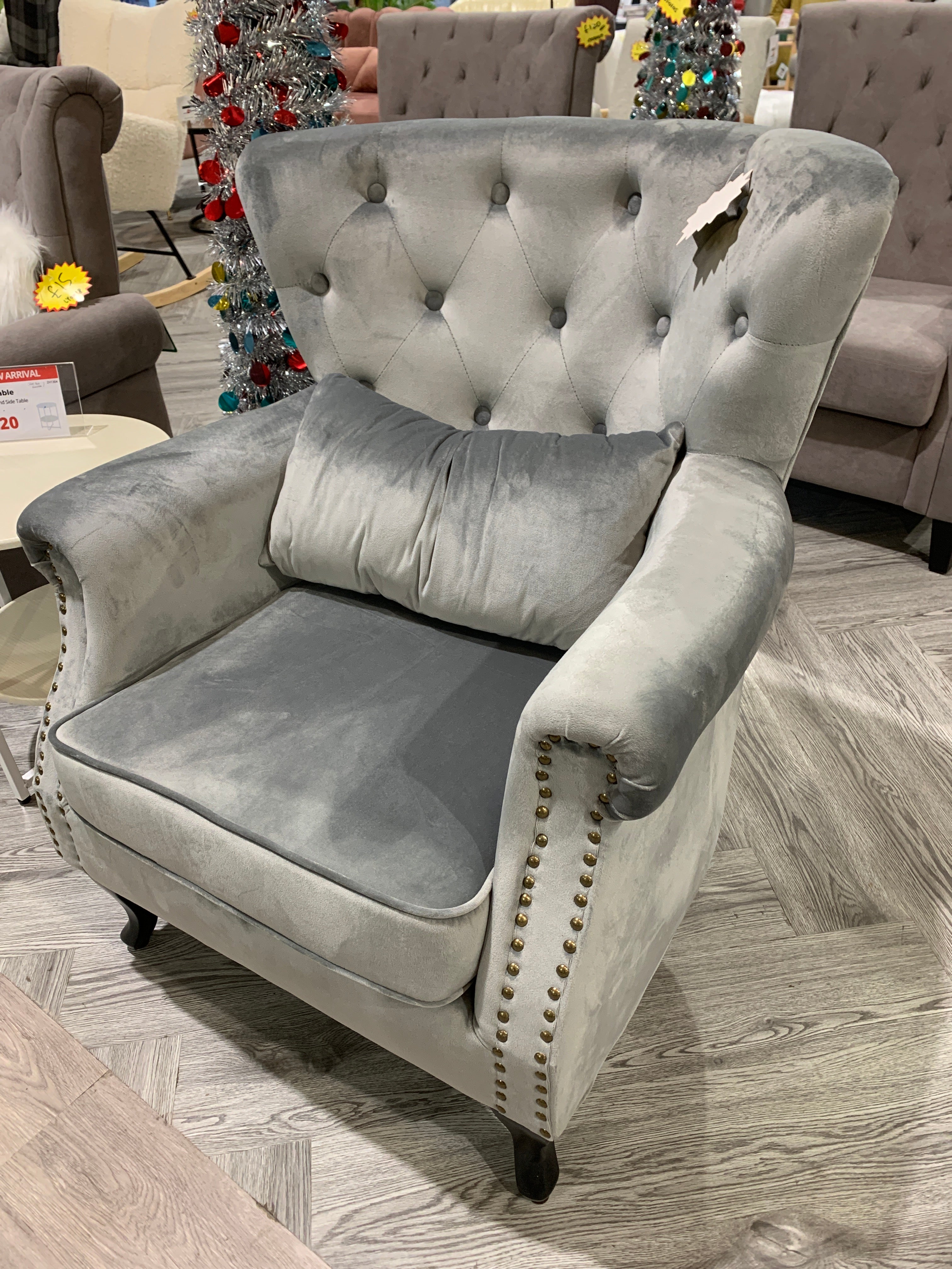 Grey Modern Velvet Upholstered Wingback Armchair with Cushion