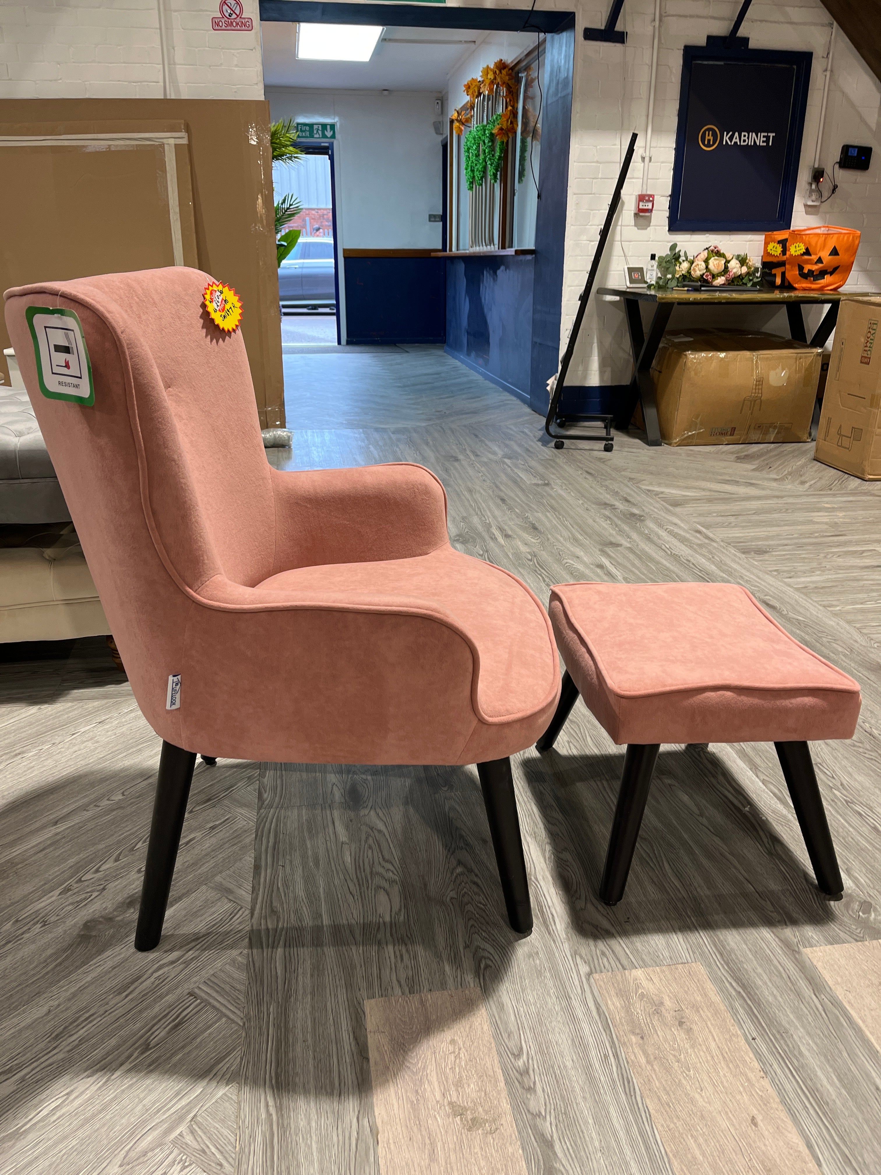 Pink Velvet Armchair with Footrest