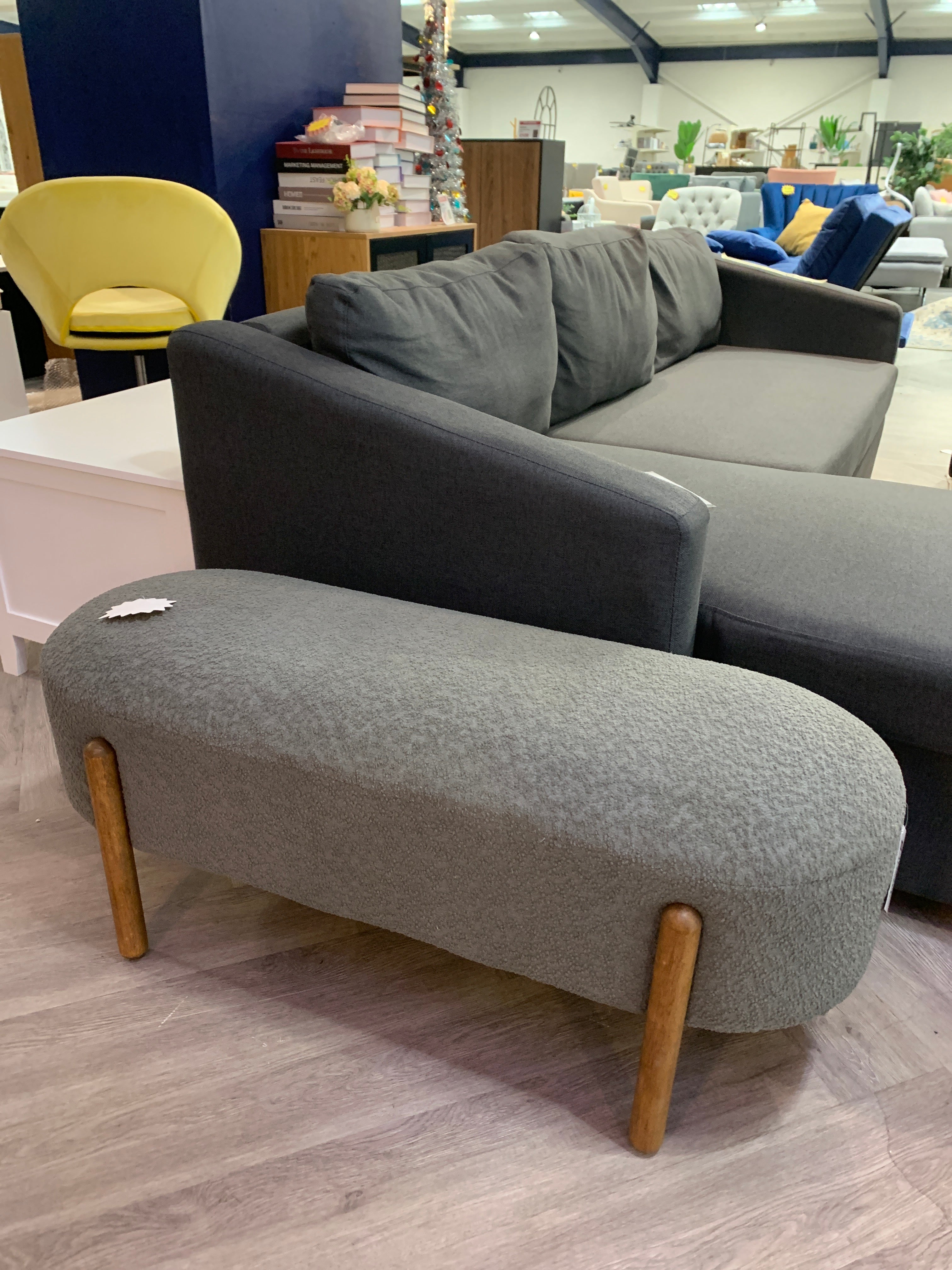 Grey Fabric Contemporary Upholstered Bench with Wooden Leg