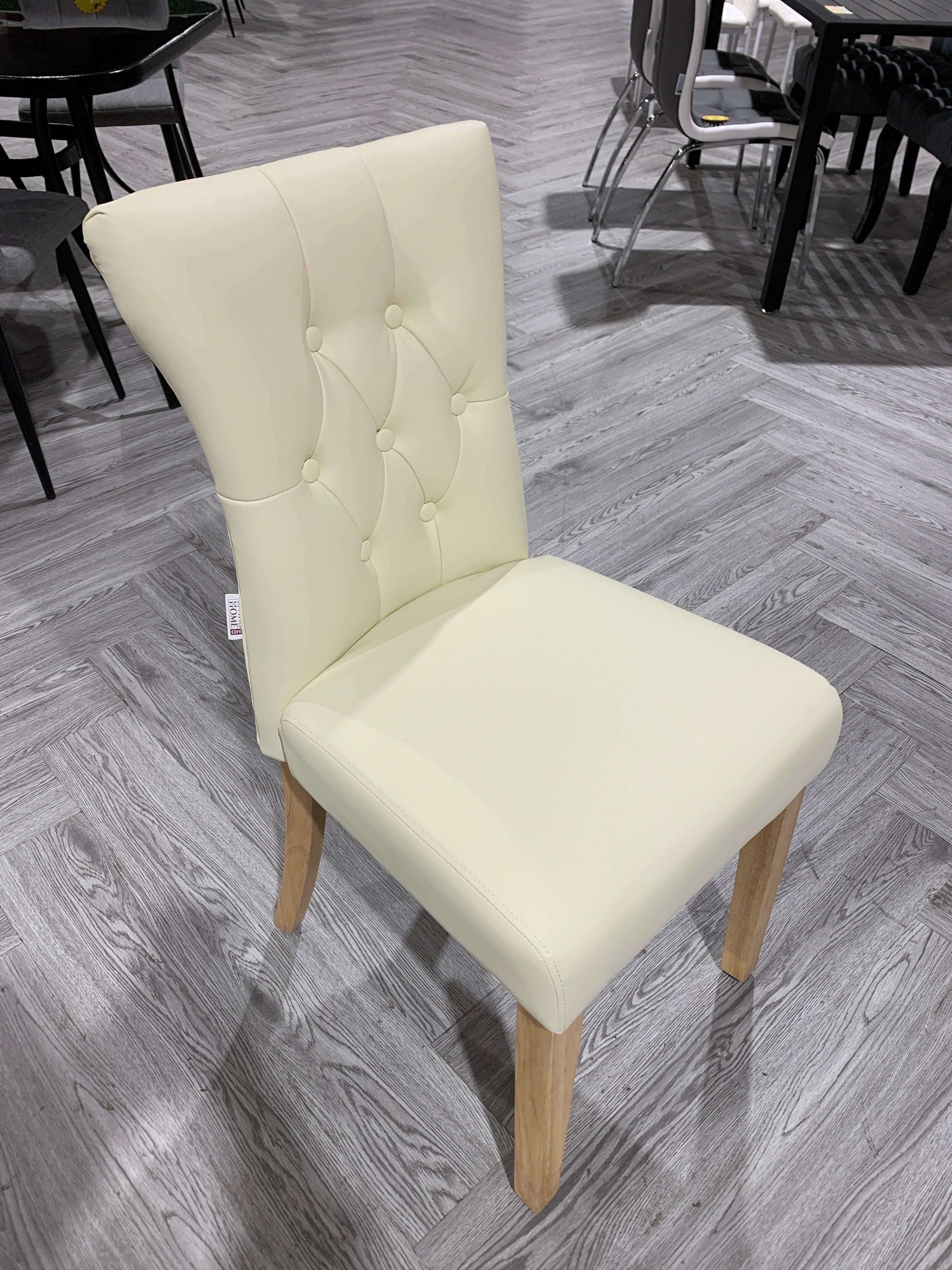 Cream PU Leather Buttoned Dining Chair with Wooden Legs