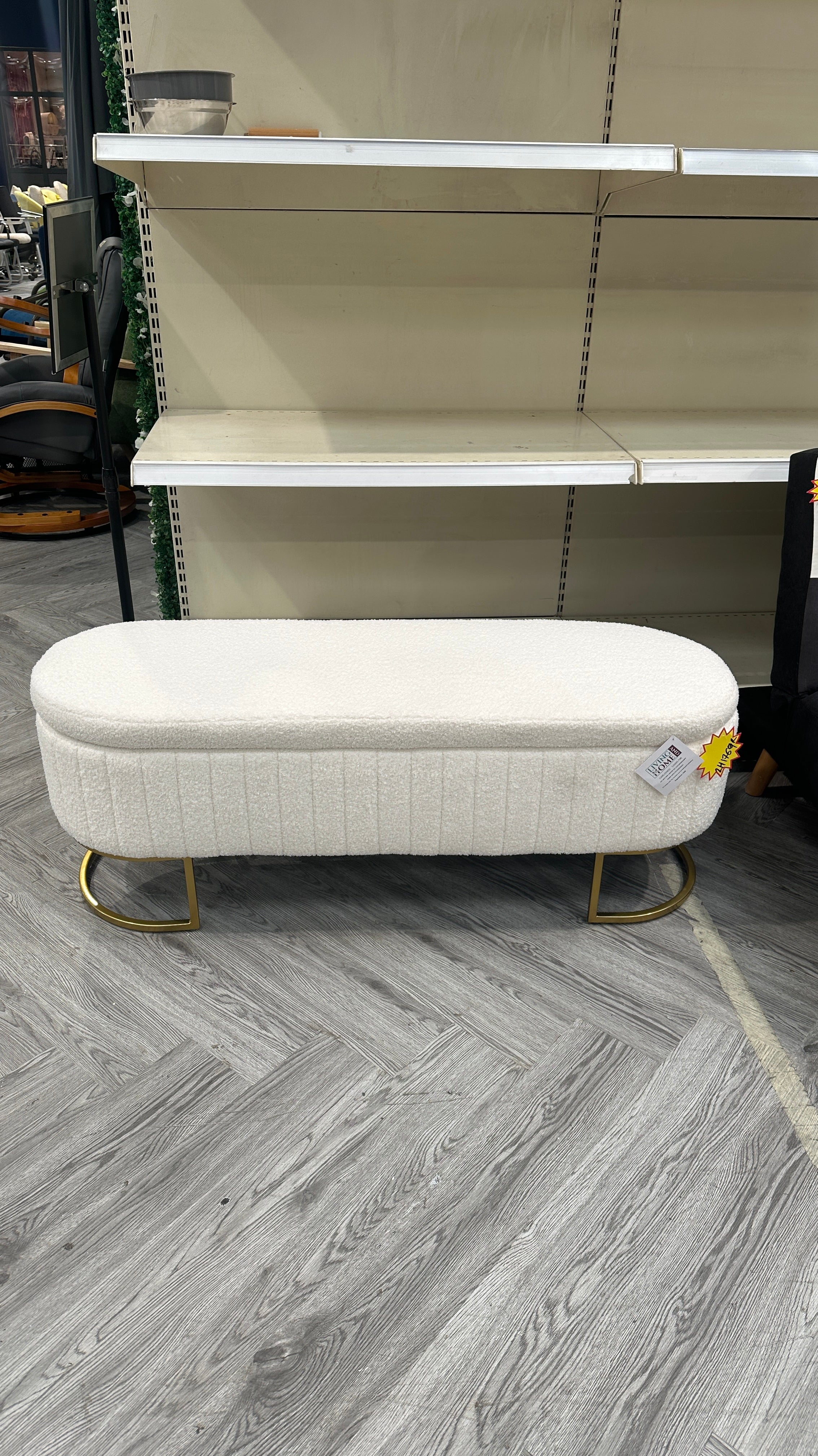 White Upholstered Oval Storage Bench Foot Rest with Gold Legs