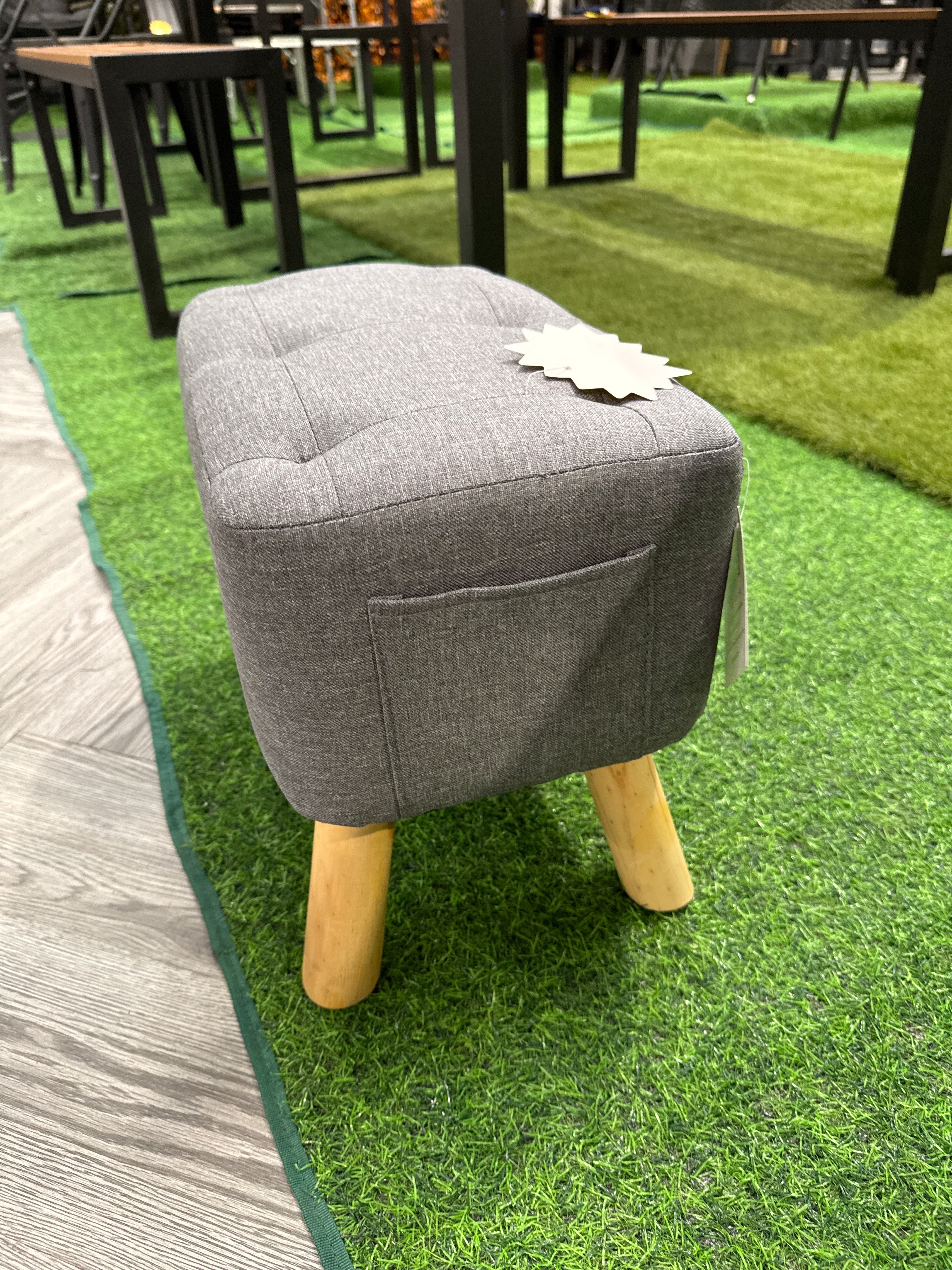 Grey Linen Fabric Upholstered Footstool with Wooden Legs and Side Pocket