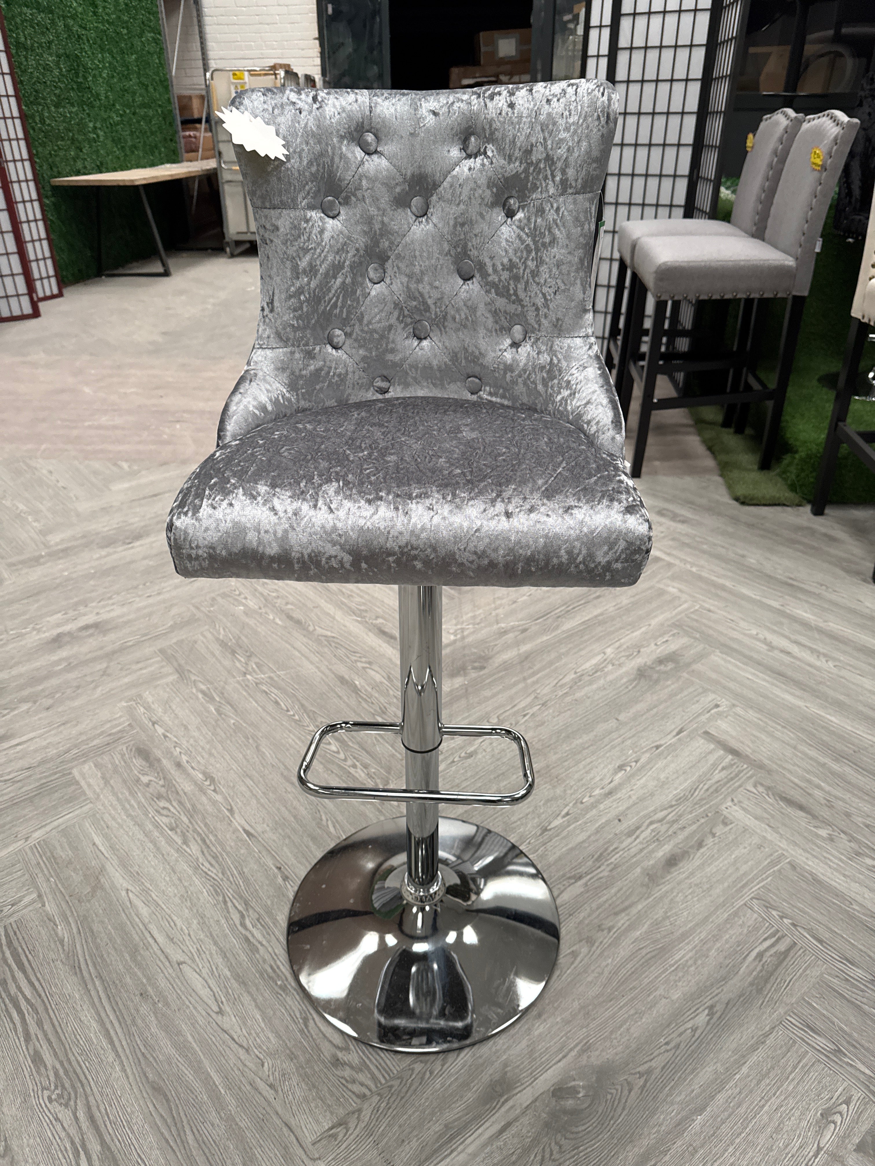 Silver Grey Velvet Upholstered Adjustable Bar Stool with Button Seat Back 1pc