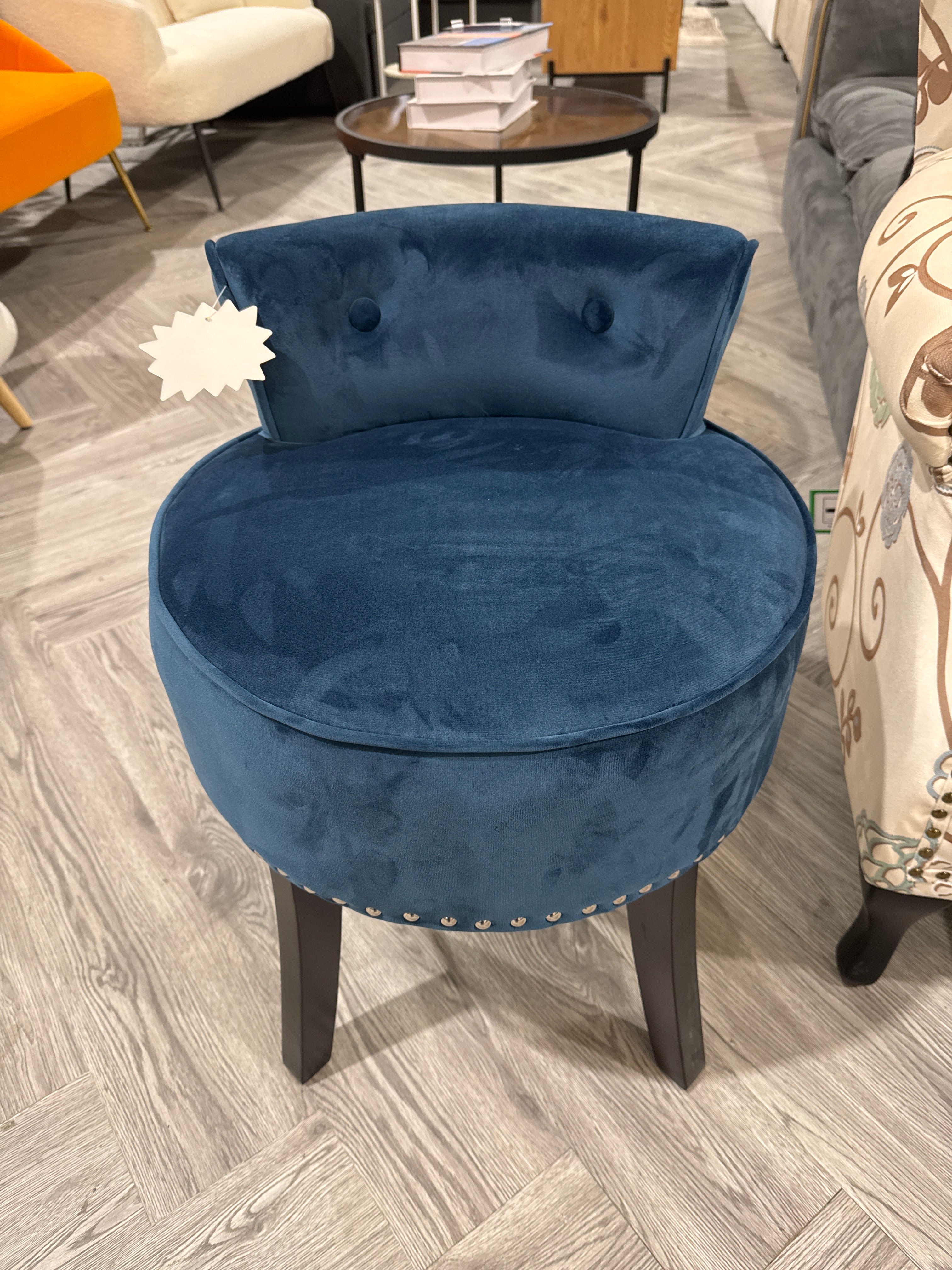 Blue Velvet Nailhead Dressing Table Stool