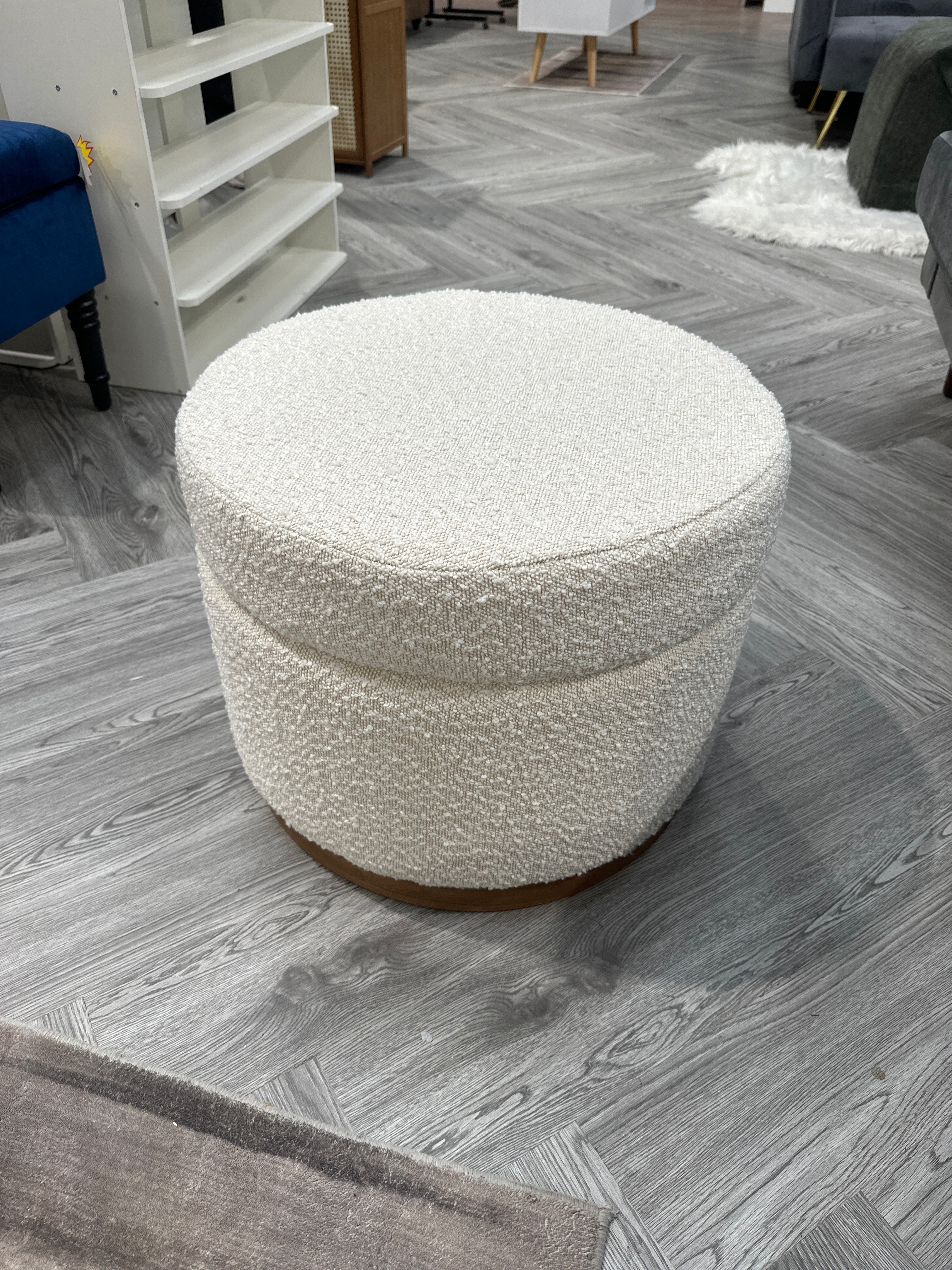 Round Beige Ottoman Storage Stool Seat with Wooden Base