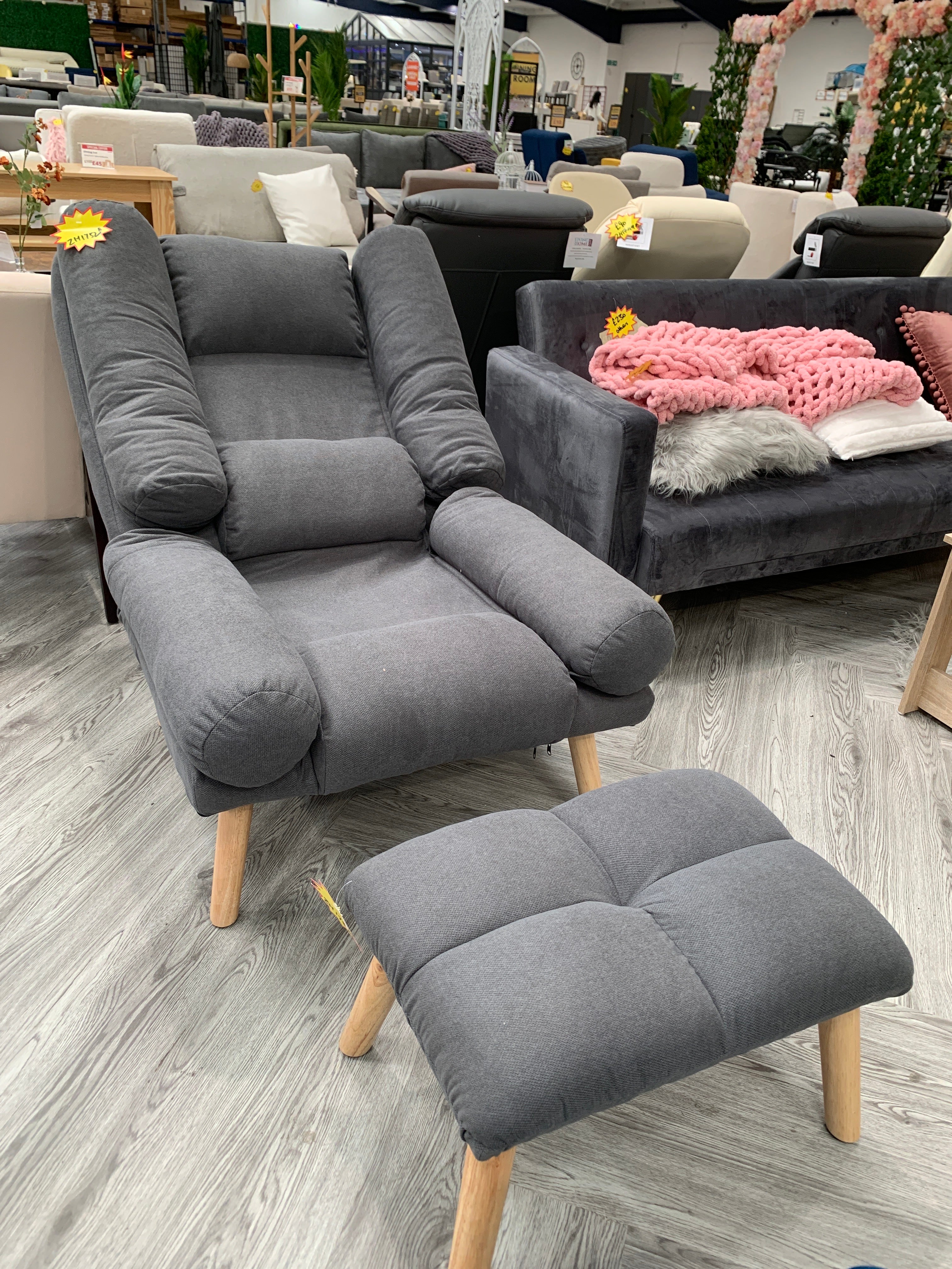 Modern Fabric Upholstered Recliner with Footstool with Side Bolsters Grey