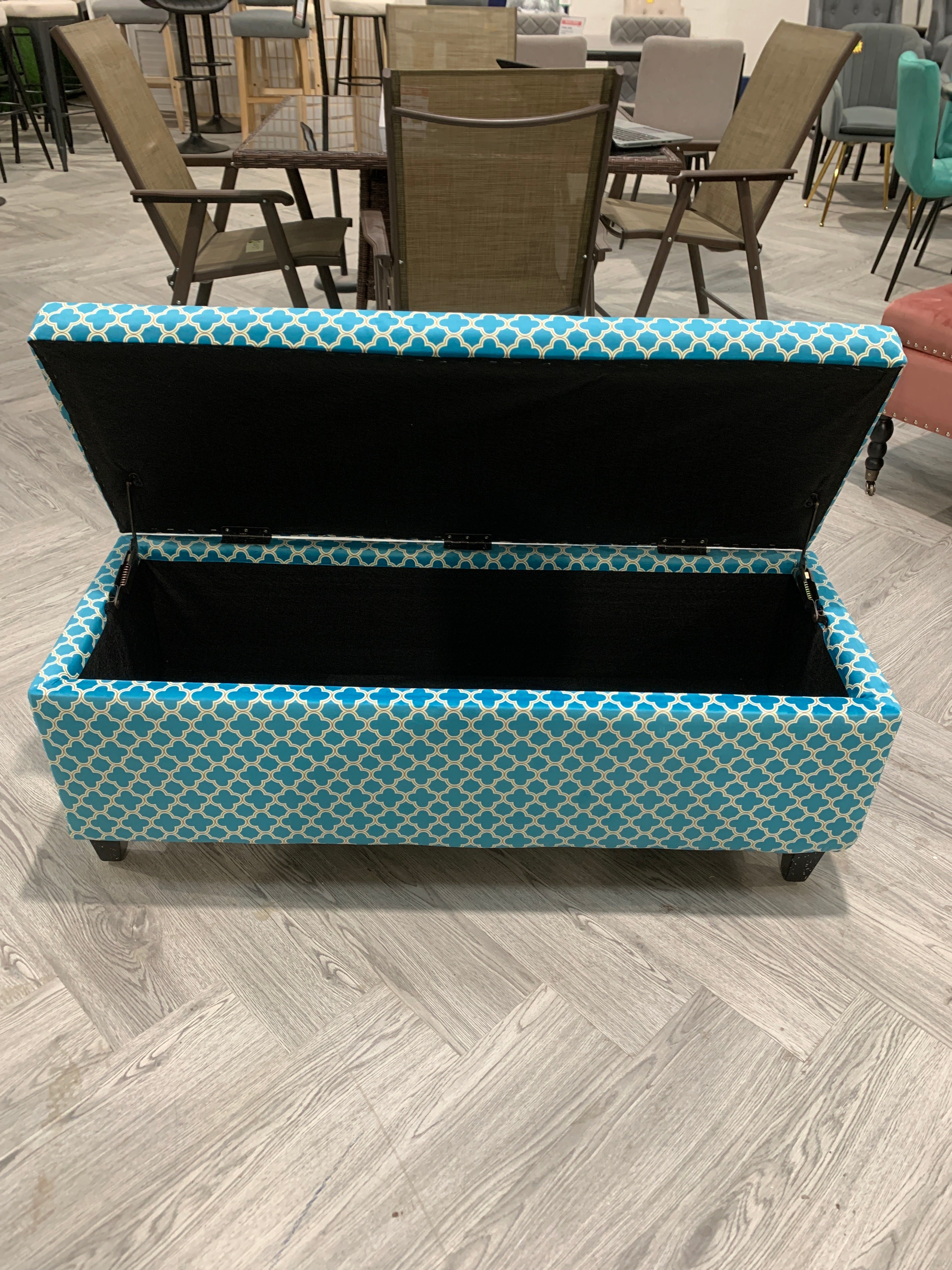 Blue White Floral Fabric Storage Bench