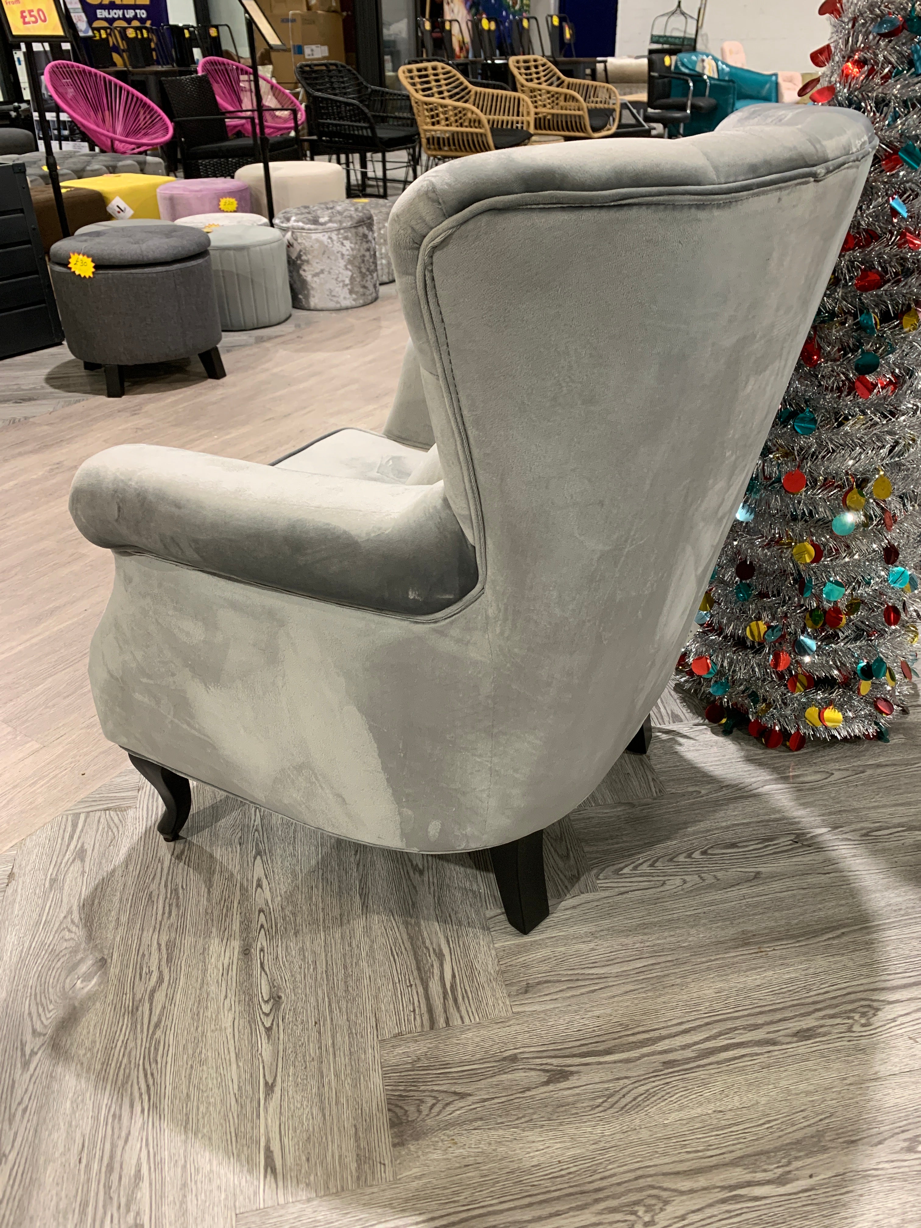 Grey Modern Velvet Upholstered Wingback Armchair with Cushion