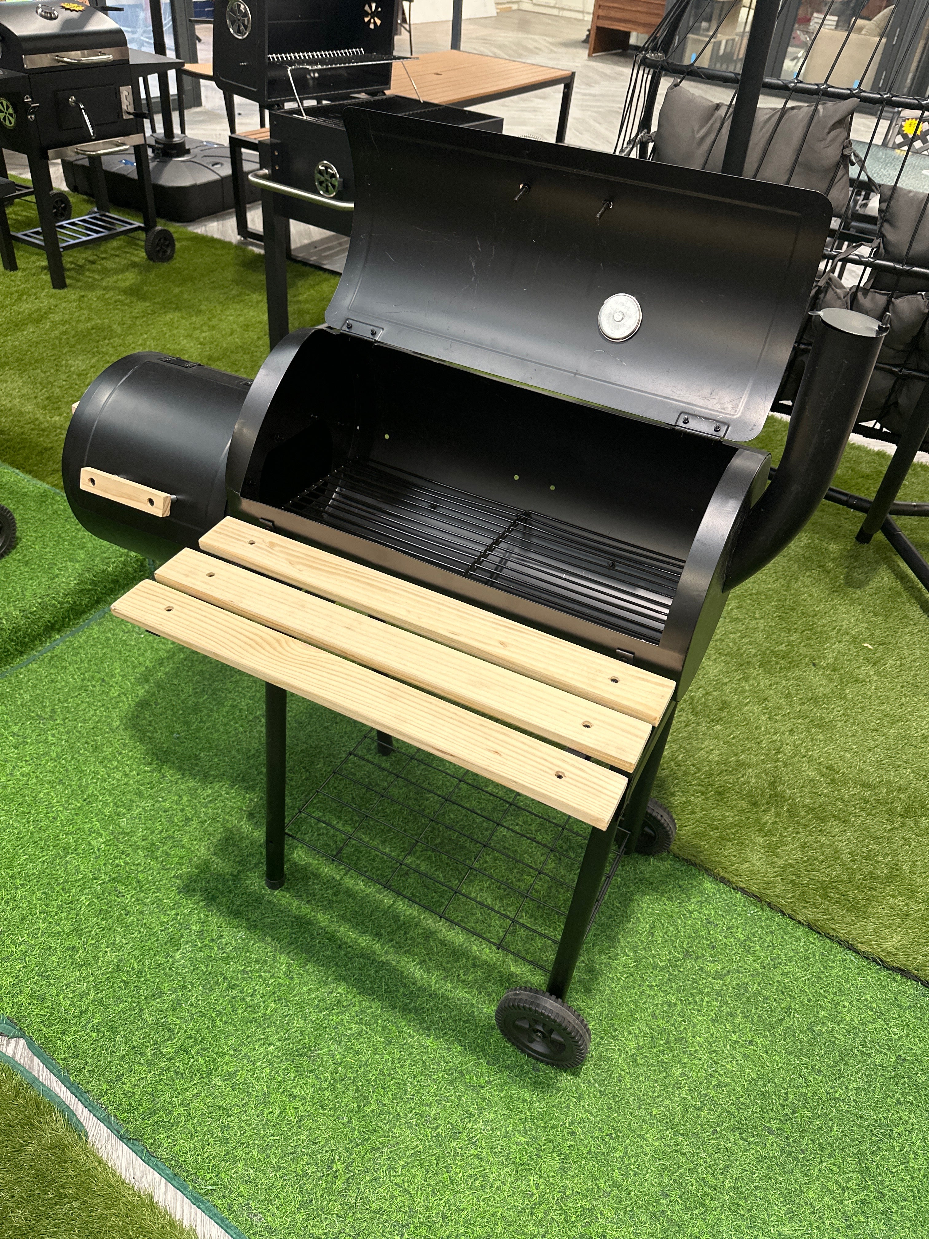 Black Steel Charcoal BBQ Grill with Wooden Shelf