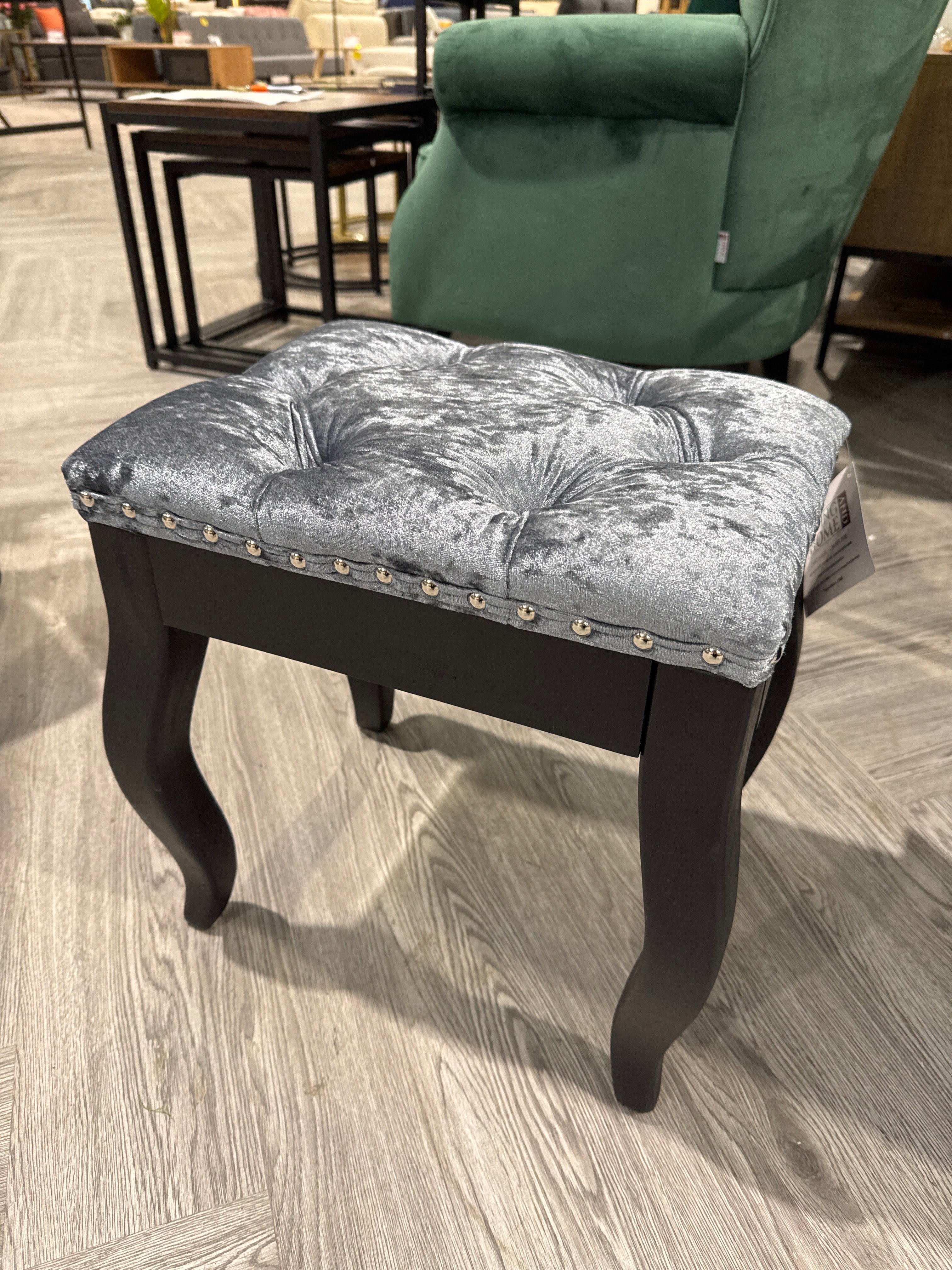 Silver Grey Dressing Table Stool with Nailhead Trim and Black Legs