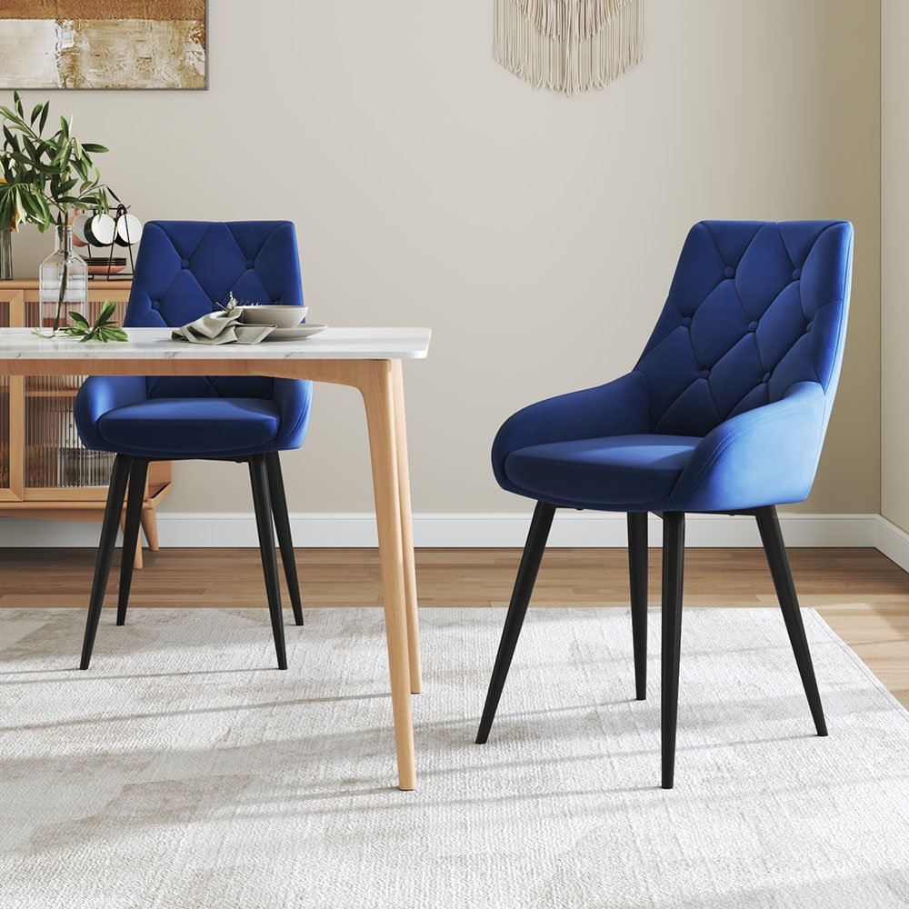 New Set of 2 Blue Velvet Metal Legs Button Upholstered Dining Chairs